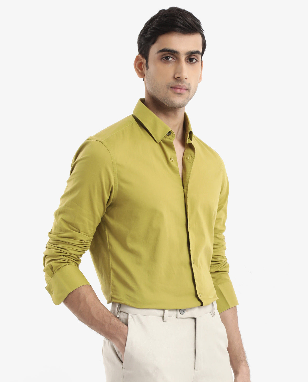 Rare Rabbit Men's Cambroc Light Olive Cotton Fabric Full Sleeves Regular Fit Solid Shirt