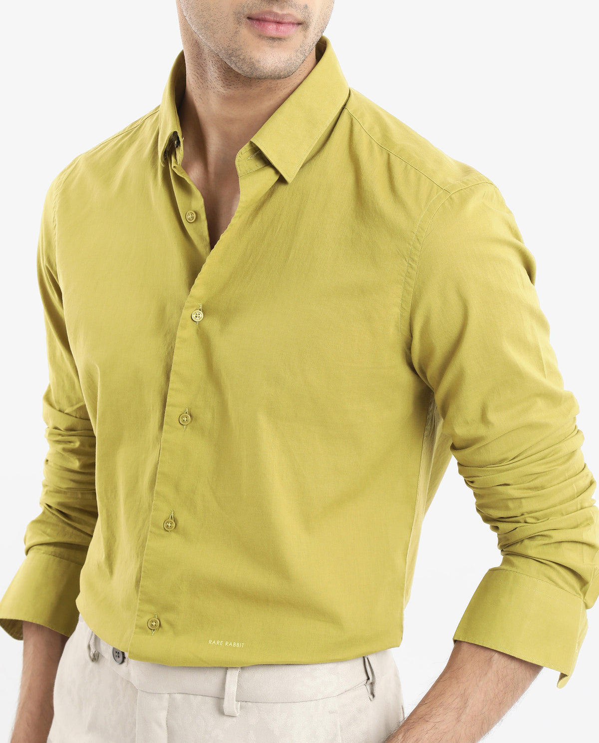 Rare Rabbit Men's Cambroc Light Olive Cotton Fabric Full Sleeves Regular Fit Solid Shirt