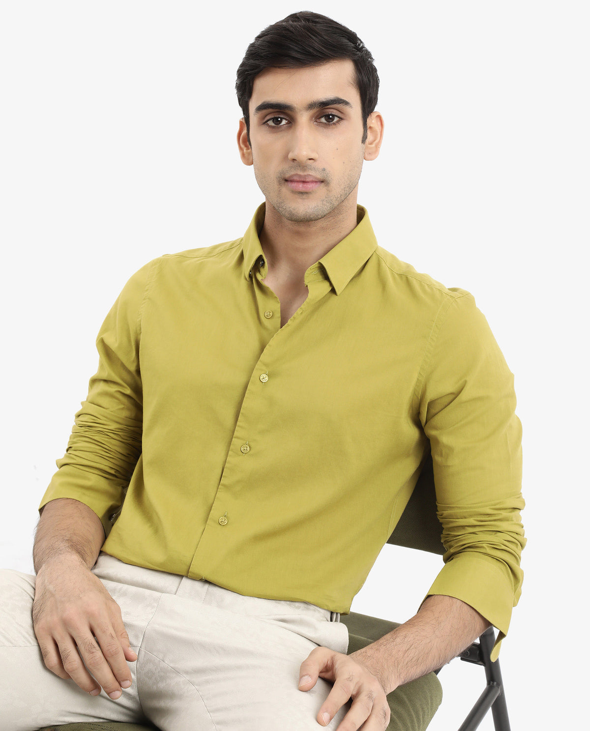 Rare Rabbit Men's Cambroc Light Olive Cotton Fabric Full Sleeves Regular Fit Solid Shirt