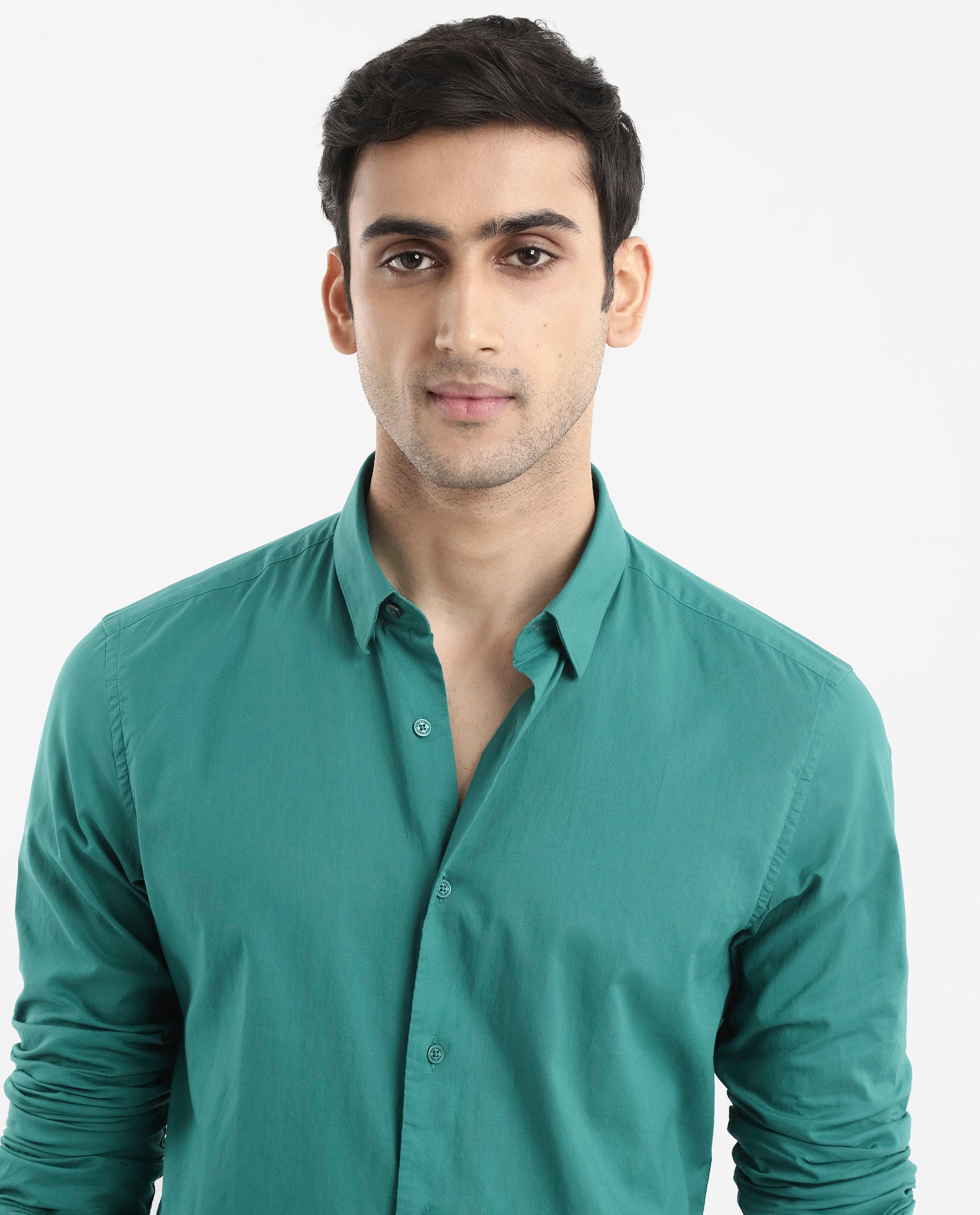 Rare Rabbit Men's Cambroc Teal Cotton Fabric Full Sleeves Regular Fit Solid Shirt