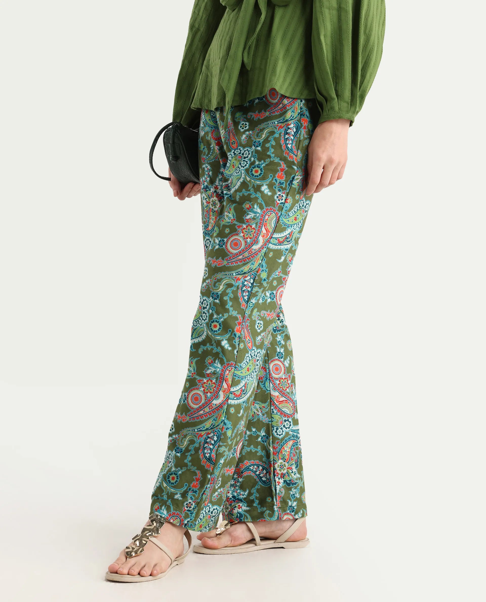 Rareism Women's Camder B Multi Velvet Paisley Print Ankle Length Bootcut Trouser