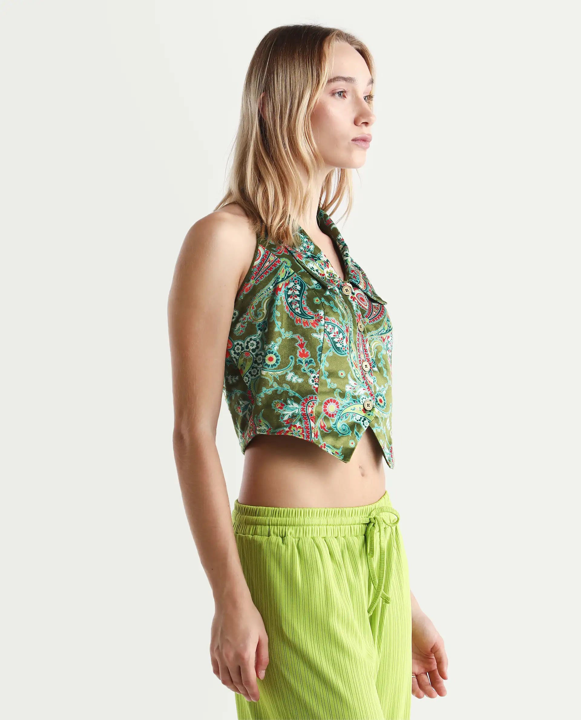 Rareism Women's Camder Multi Velvet Halter Neck Paisley Print Sleeveless Crop Polyester Waist Coat