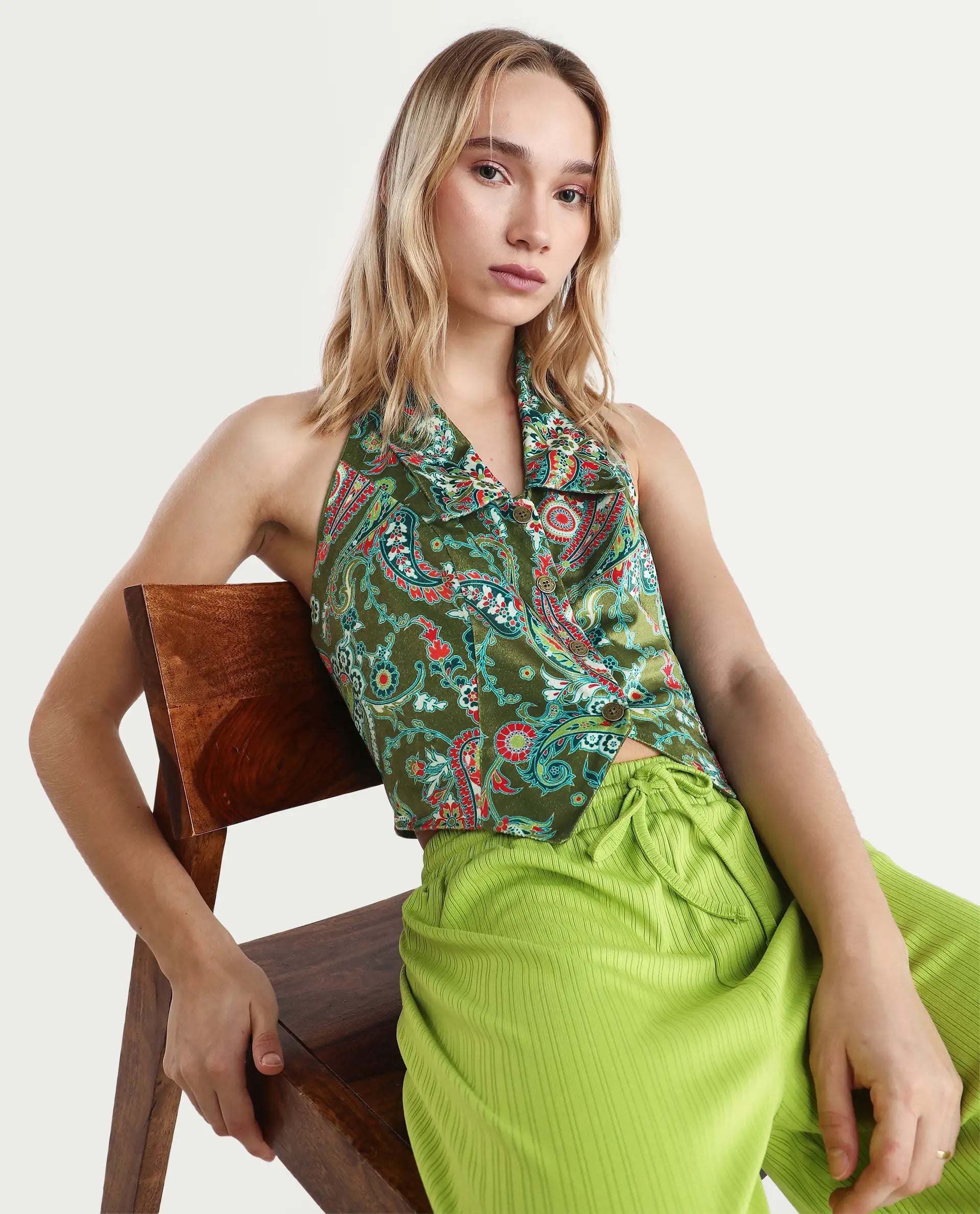 Rareism Women's Camder Multi Velvet Halter Neck Paisley Print Sleeveless Crop Polyester Waist Coat