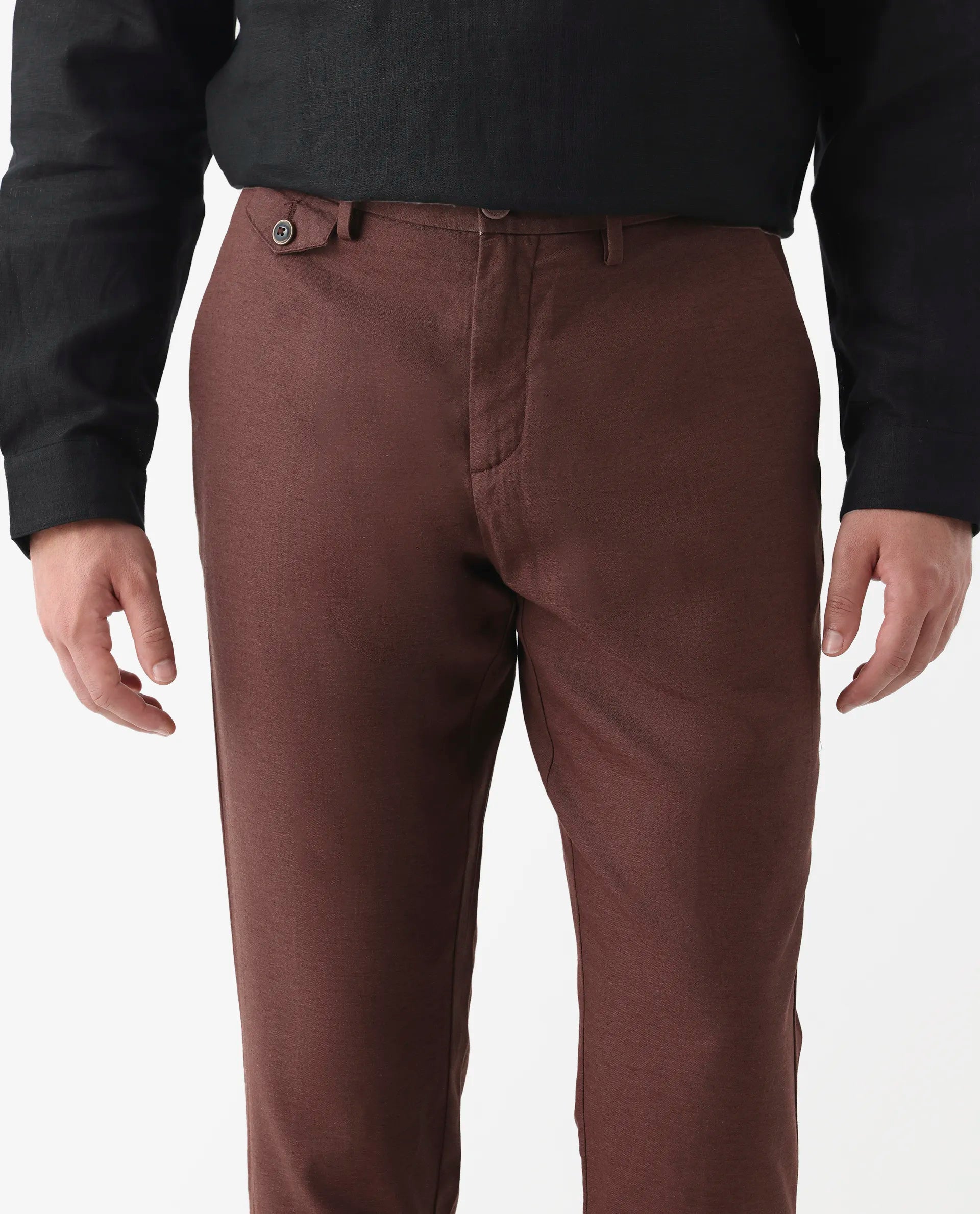 Rare Rabbit Men's Cameo Maroon 100% Linen Plain Regular Fit Trouser