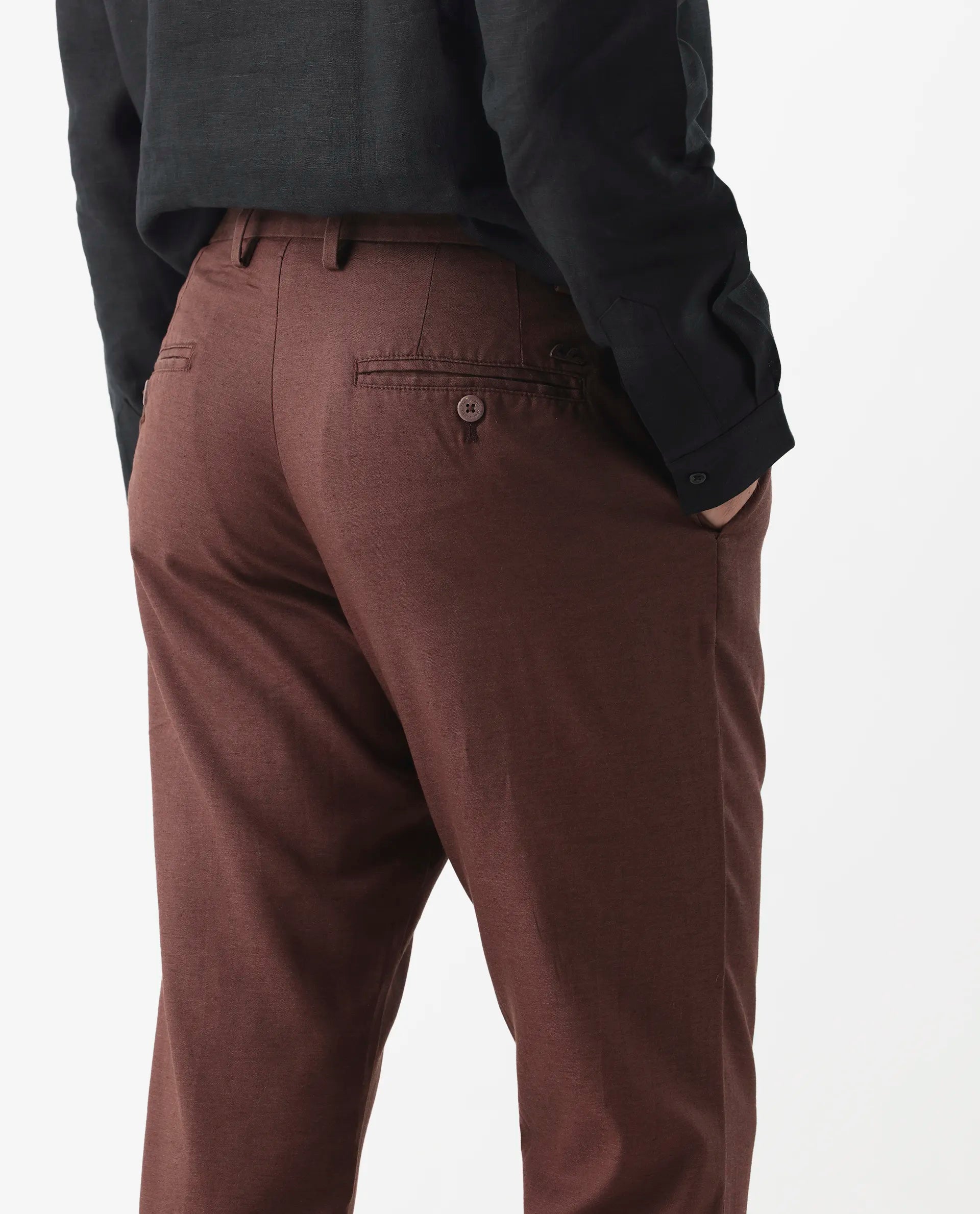 Rare Rabbit Men's Cameo Maroon 100% Linen Plain Regular Fit Trouser