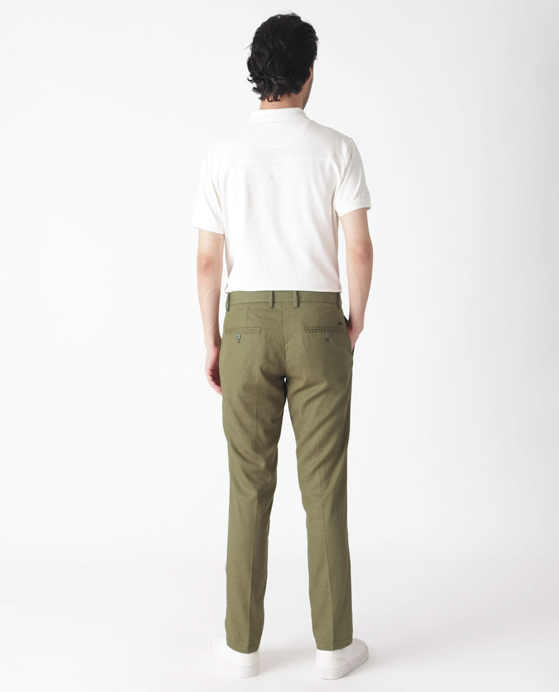 Rare Rabbit Men's Cameos Olive Solid Mid-Rise Regular Fit Trouser
