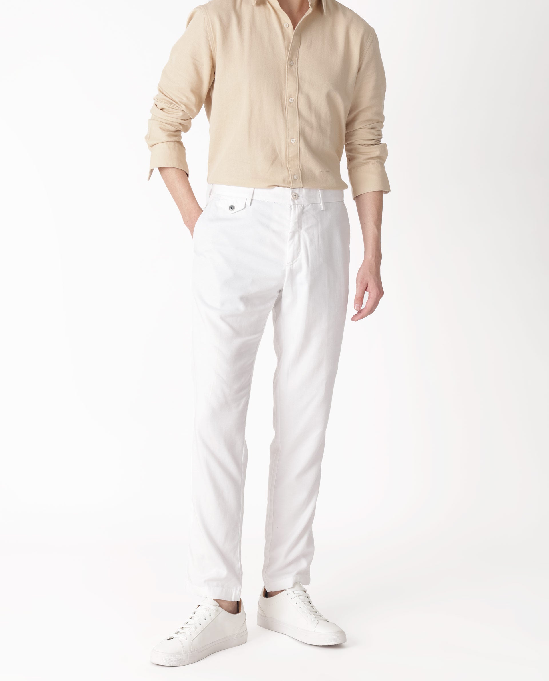 Tiered Button-Down Shirt and White Trousers Set for Women
