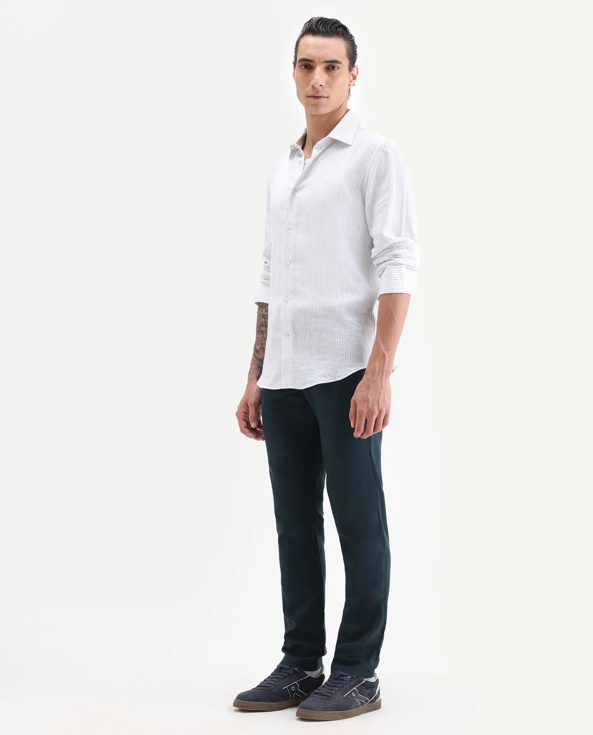 Rare Rabbit Men's Cameo Navy Linen Plain Regular Fit Trouser