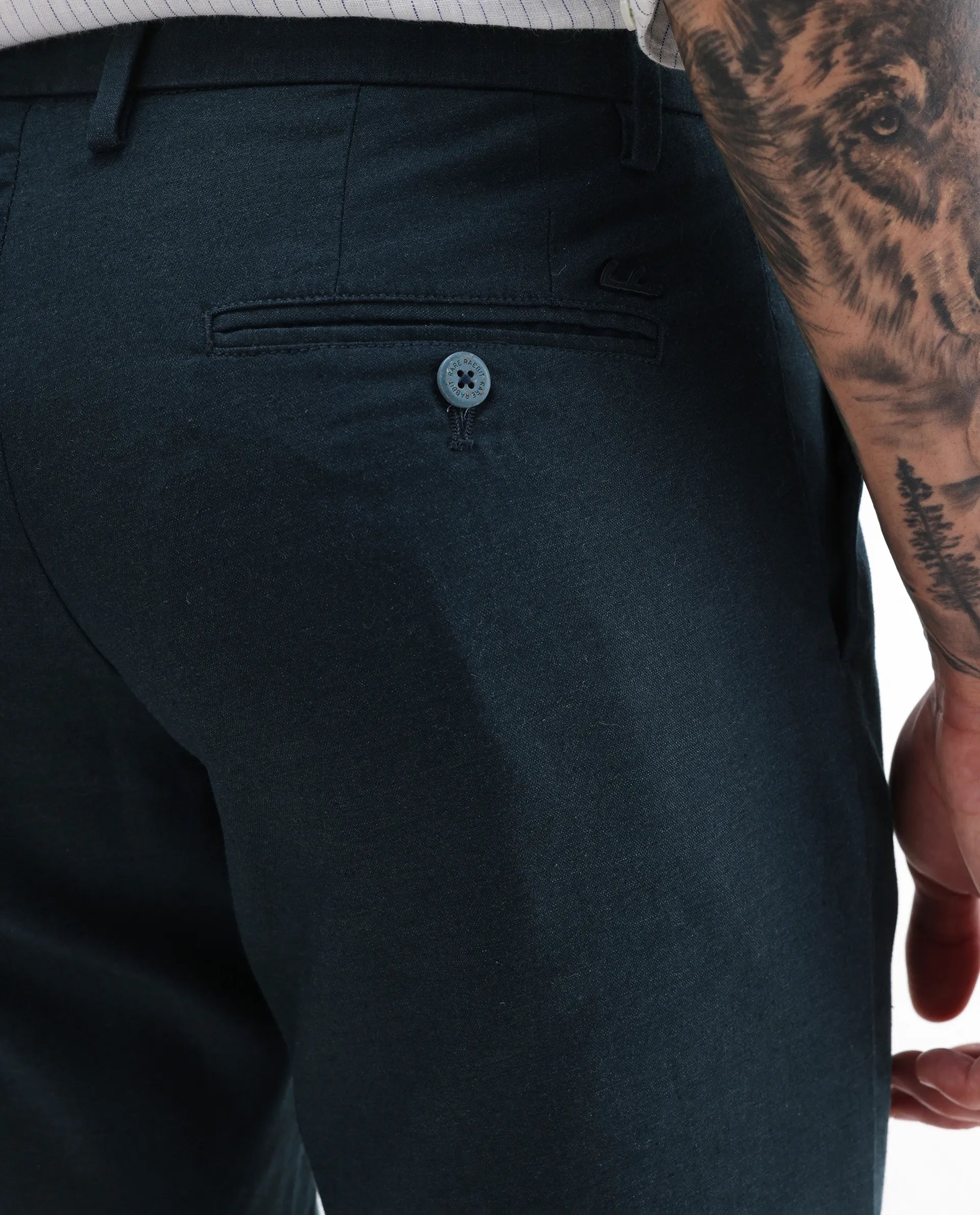 Rare Rabbit Men's Cameo Navy Linen Plain Regular Fit Trouser