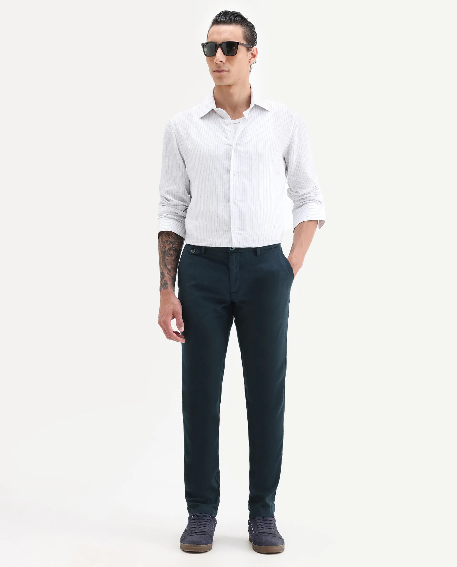 Rare Rabbit Men's Cameo Navy Linen Plain Regular Fit Trouser