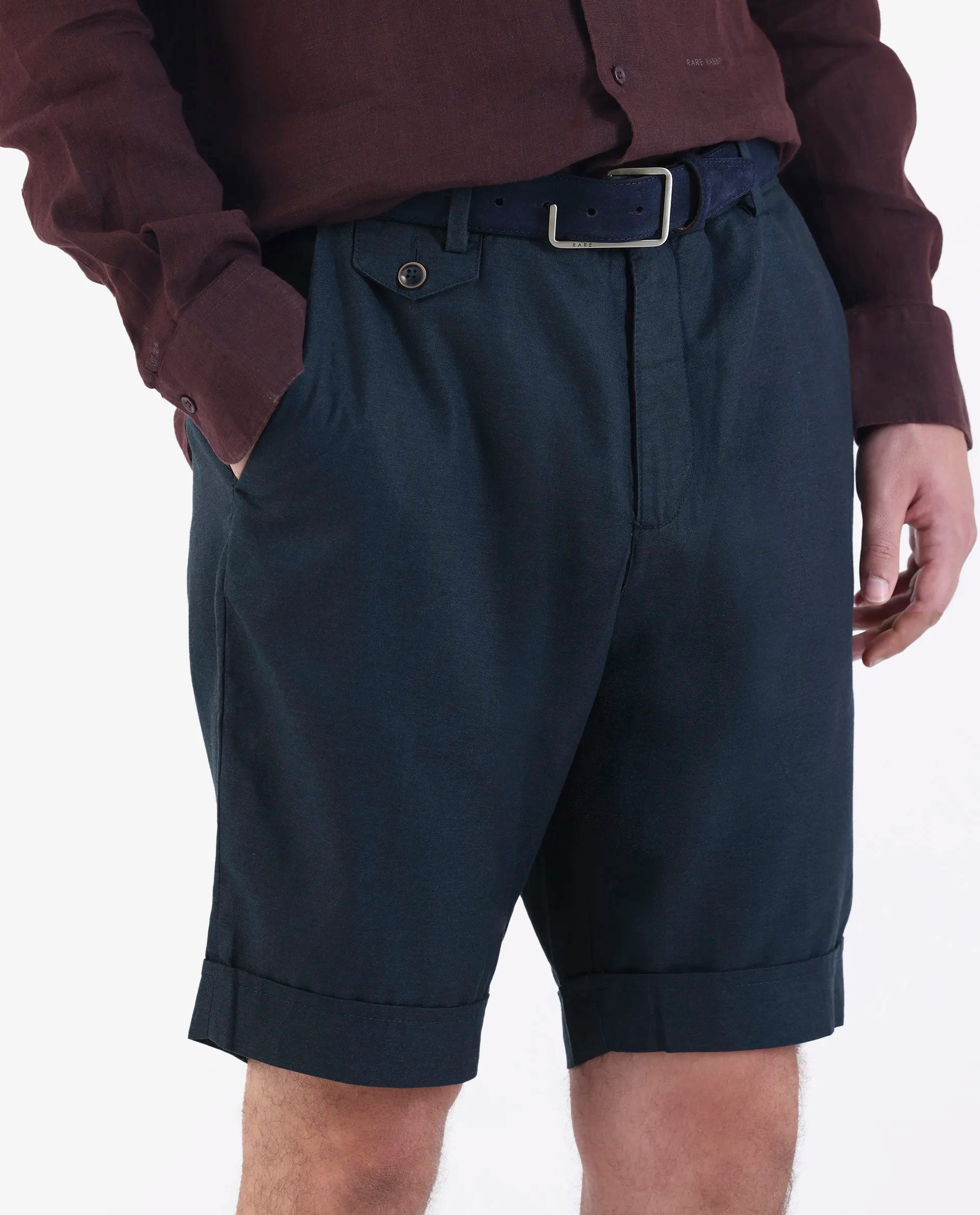 Rare Rabbit Men's Camer Navy 100% Linen Plain Regular Fit Shorts