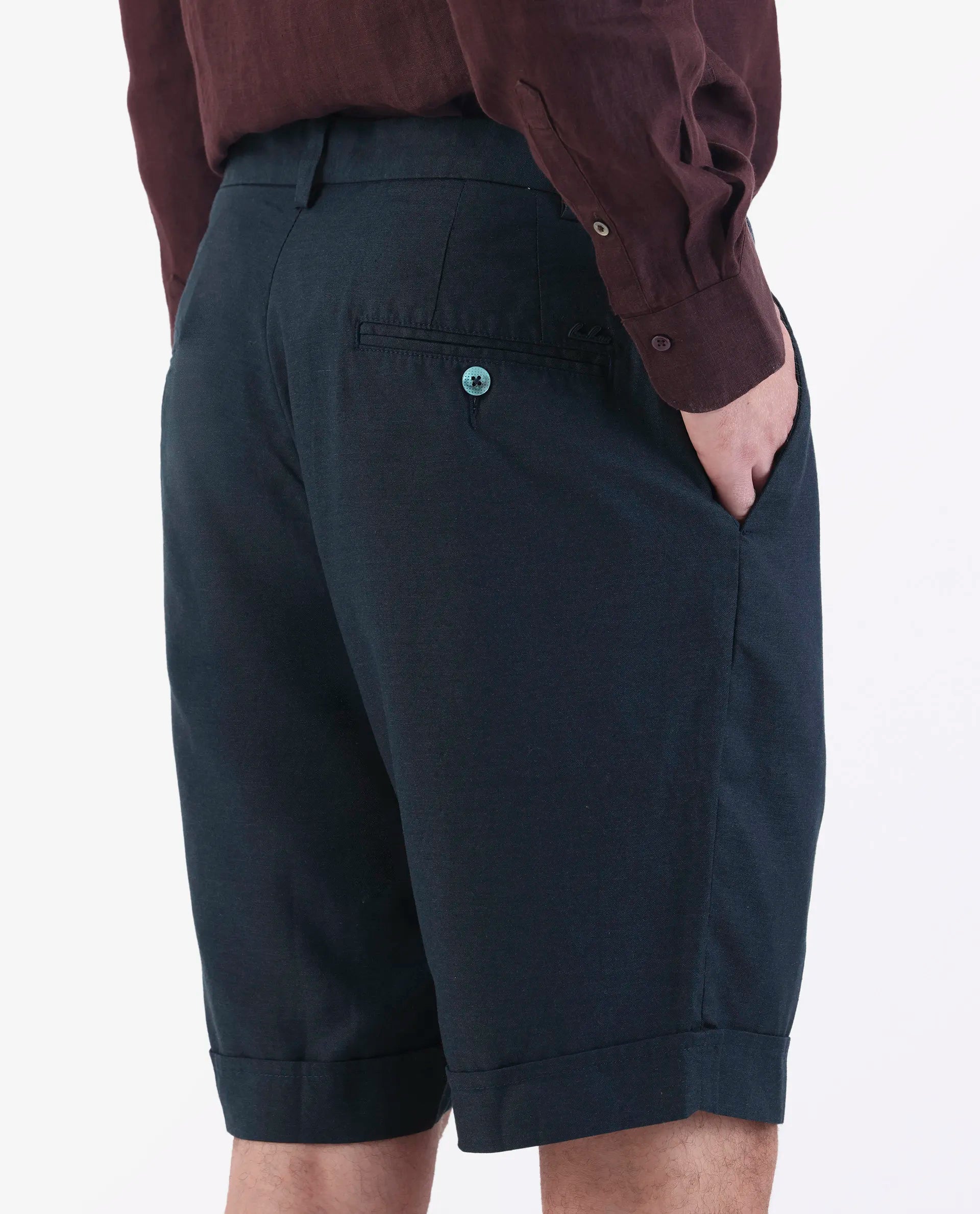 Rare Rabbit Men's Camer Navy 100% Linen Plain Regular Fit Shorts