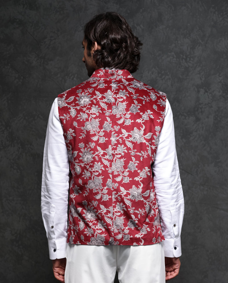 Rare Rabbit Men's Camero Dark Red Polyester Fabric Mandarin Collar Floral Velvet Bandi