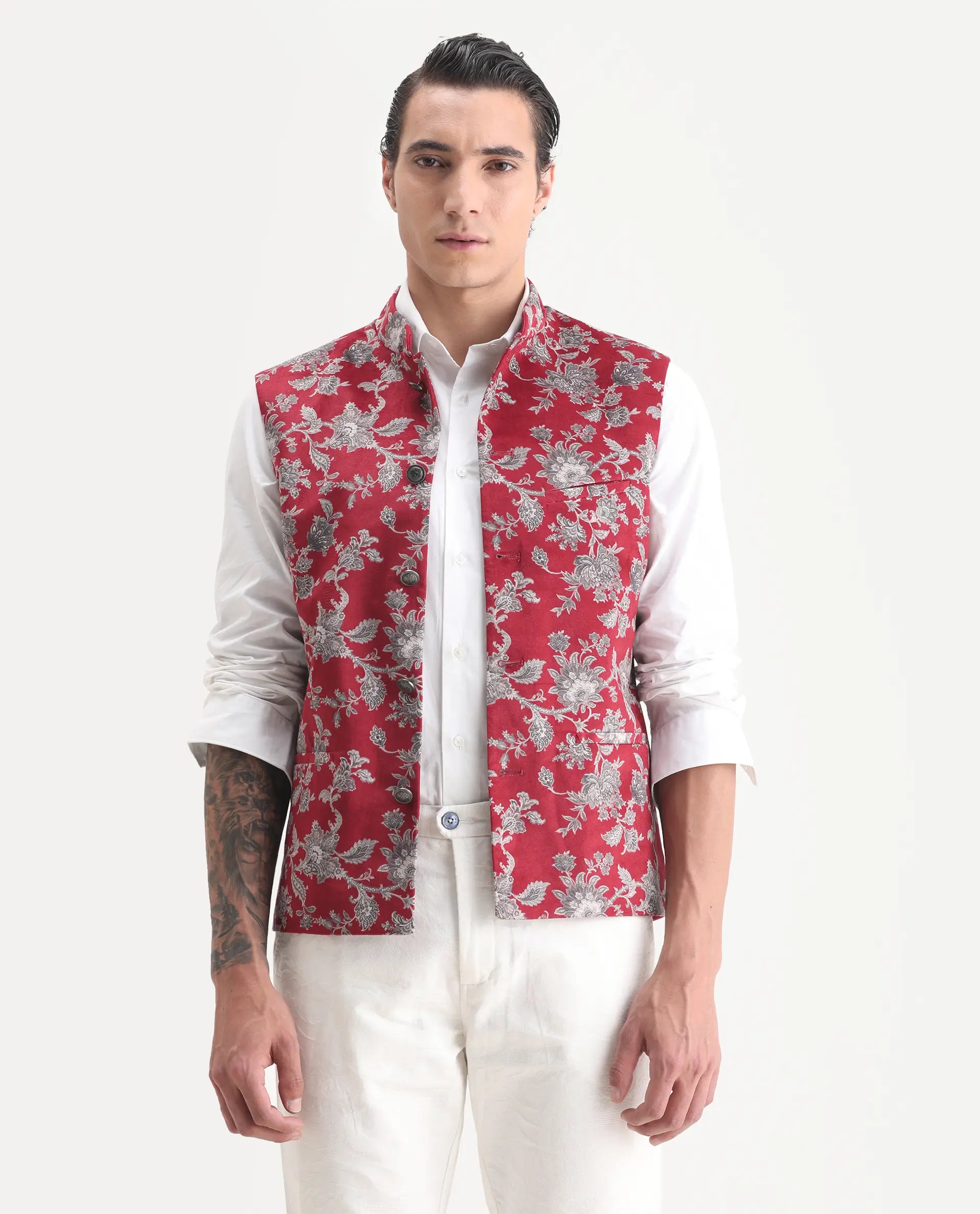 Rare Rabbit Men's Camero Dark Red Velvet Floral Print Tailored Fit Sleeveless Mandarin Collar Bandhgala