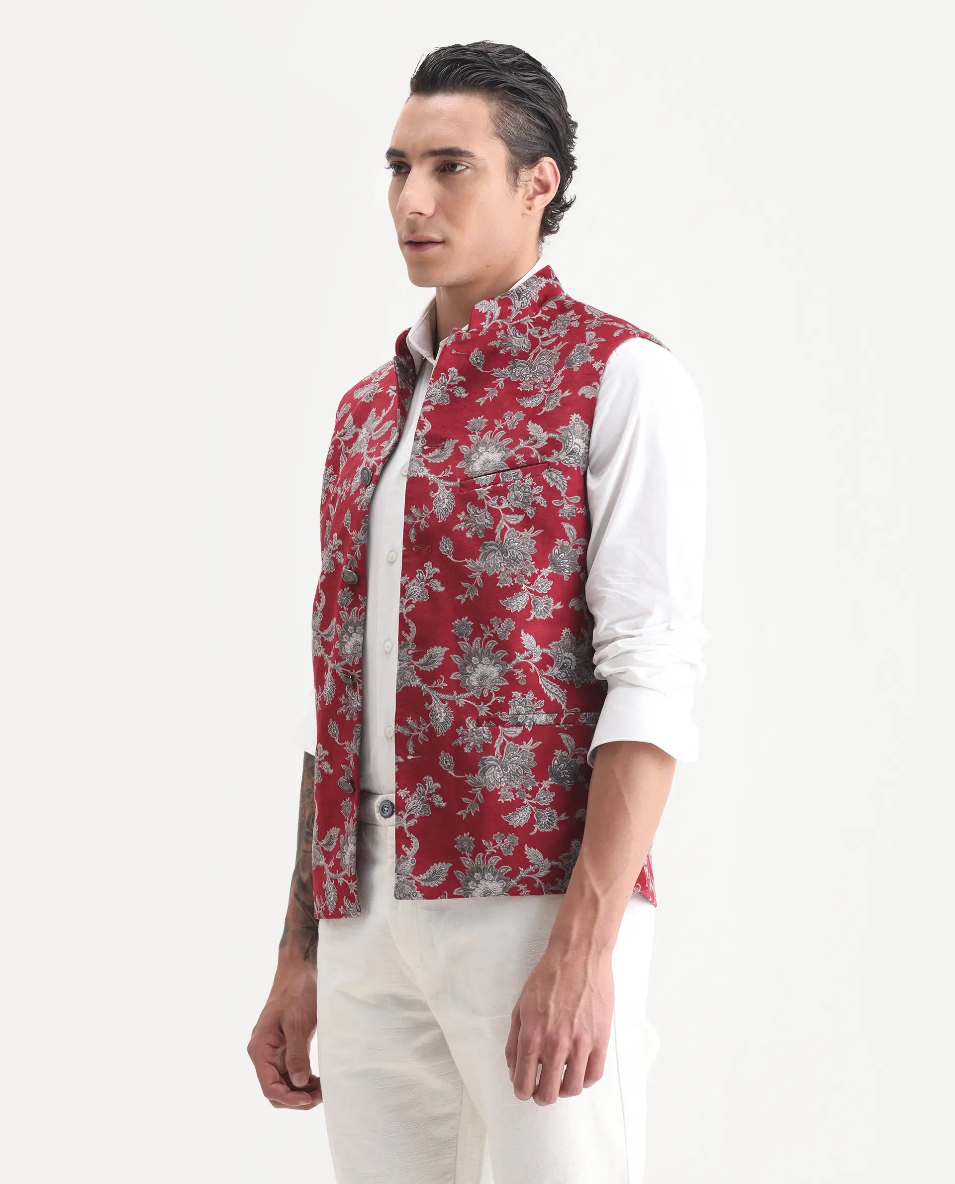Rare Rabbit Men's Camero Dark Red Velvet Floral Print Tailored Fit Sleeveless Mandarin Collar Bandhgala