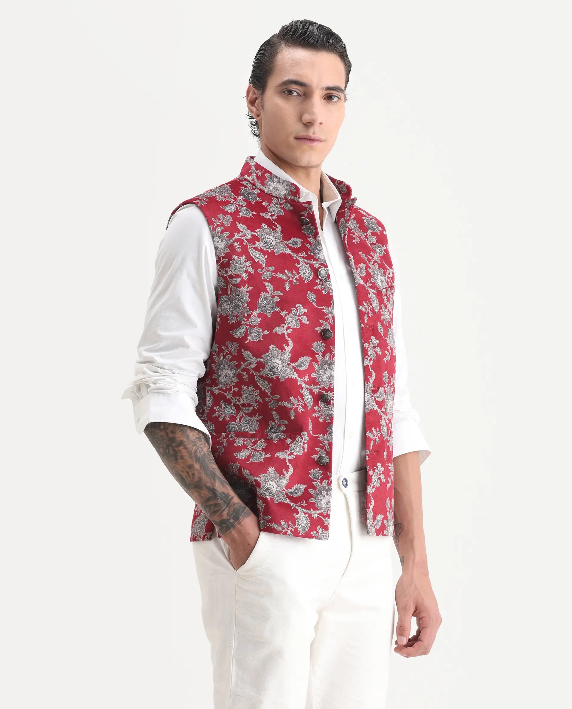 Rare Rabbit Men's Camero Dark Red Velvet Floral Print Tailored Fit Sleeveless Mandarin Collar Bandhgala