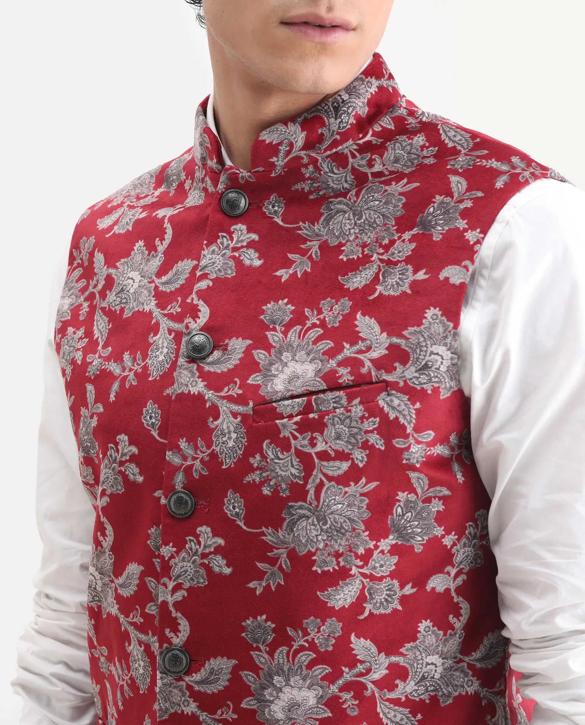 Rare Rabbit Men's Camero Dark Red Velvet Floral Print Tailored Fit Sleeveless Mandarin Collar Bandhgala