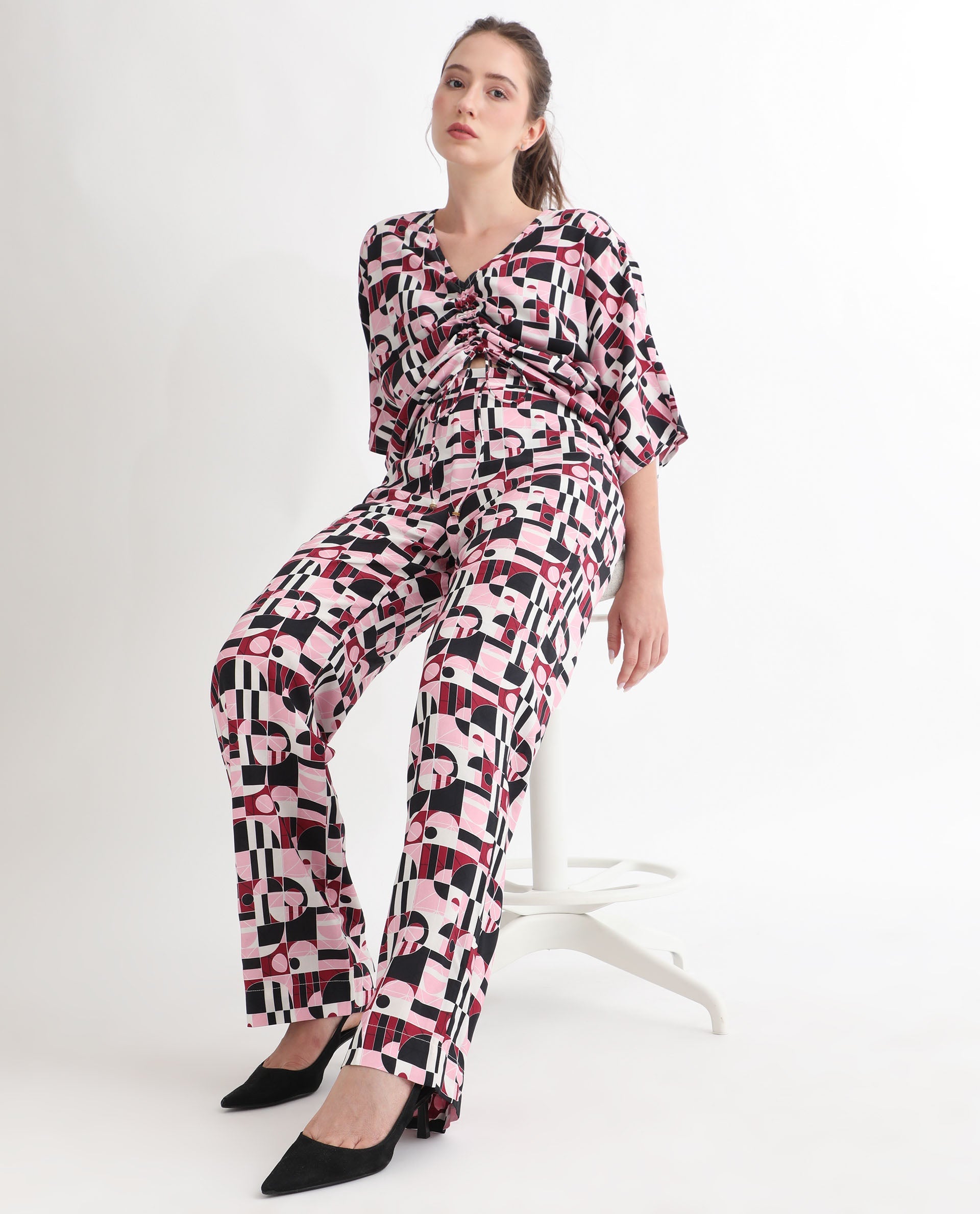 Rareism Women Cameron Multi Viscose Fabric Relaxed Fit Mid Rise Abstract Print Ankle Length Trousers