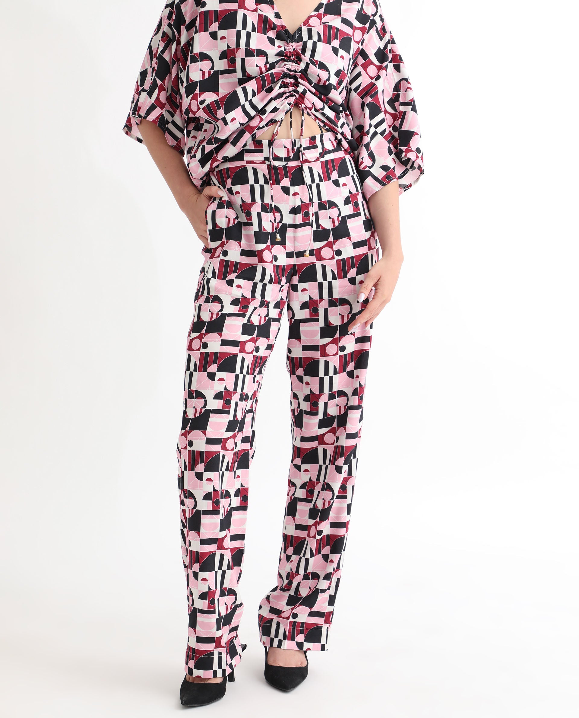 Rareism Women Cameron Multi Viscose Fabric Relaxed Fit Mid Rise Abstract Print Ankle Length Trousers