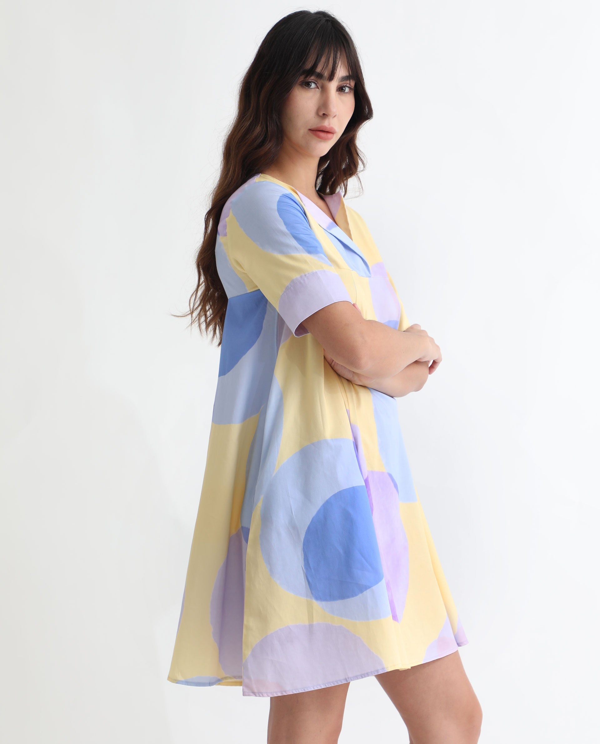 Rareism Women Campbell Yellow Cotton Fabric Short Sleeves Over Lap Flared Fit Abstract Print Knee Length Empire Dress