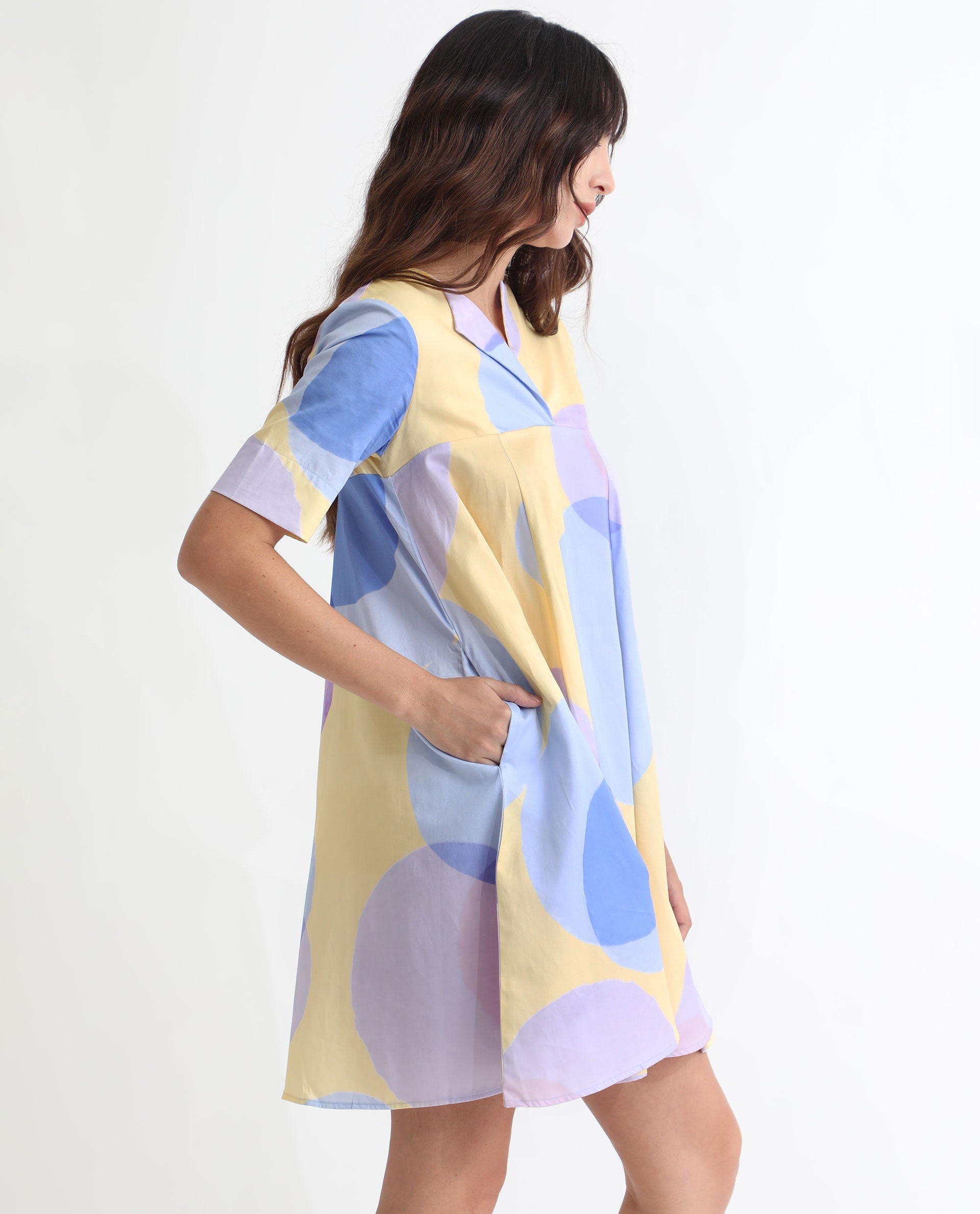 Rareism Women Campbell Yellow Cotton Fabric Short Sleeves Over Lap Flared Fit Abstract Print Knee Length Empire Dress