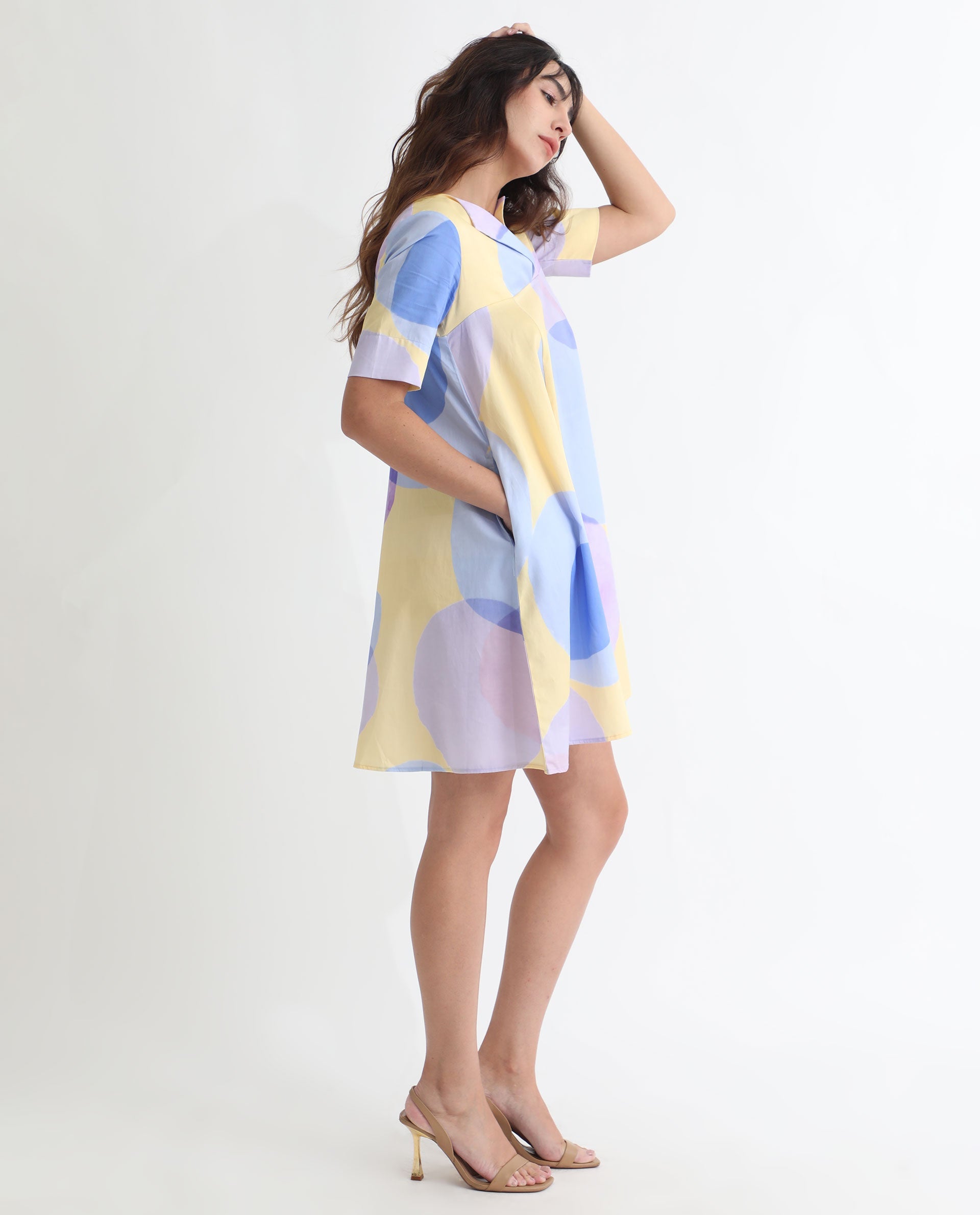 Rareism Women Campbell Yellow Cotton Fabric Short Sleeves Over Lap Flared Fit Abstract Print Knee Length Empire Dress