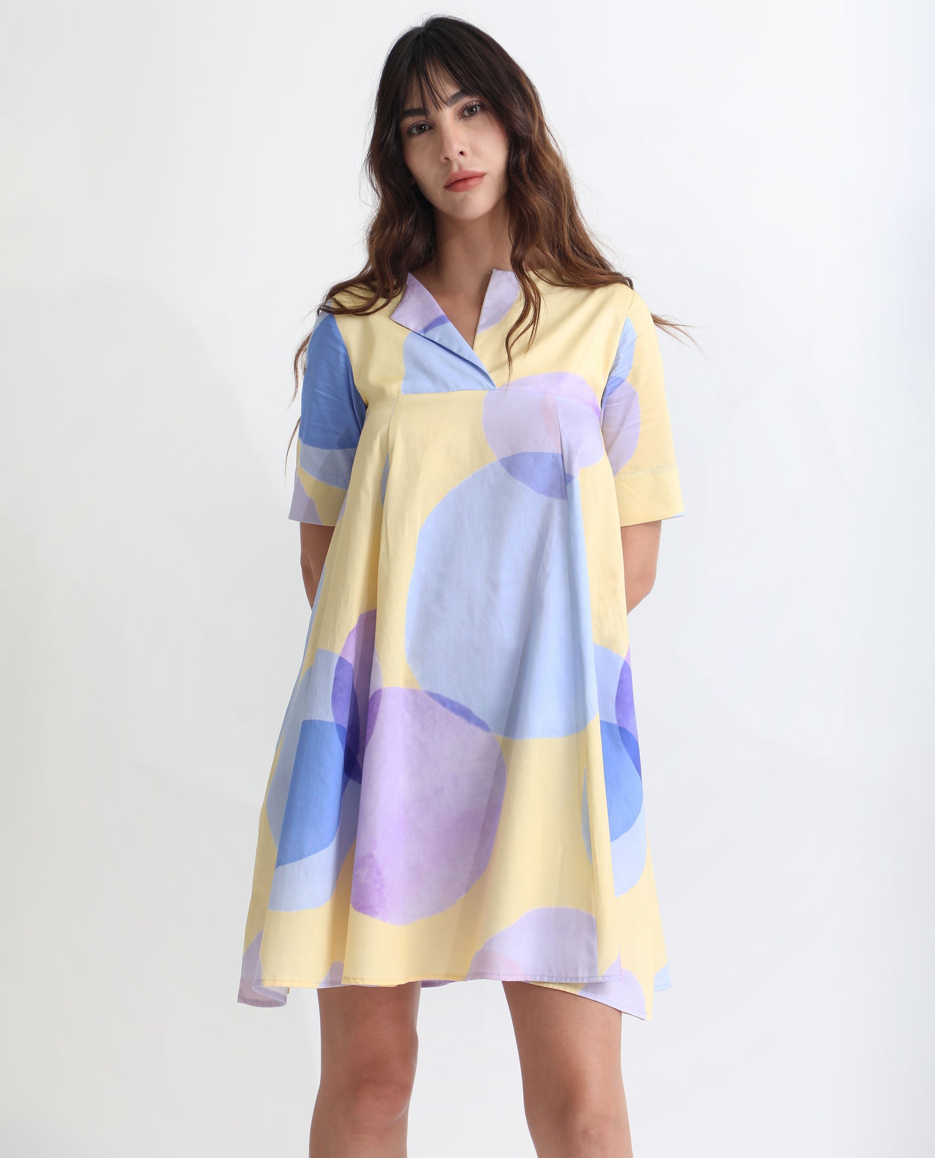 Rareism Women Campbell Yellow Cotton Fabric Short Sleeves Over Lap Flared Fit Abstract Print Knee Length Empire Dress