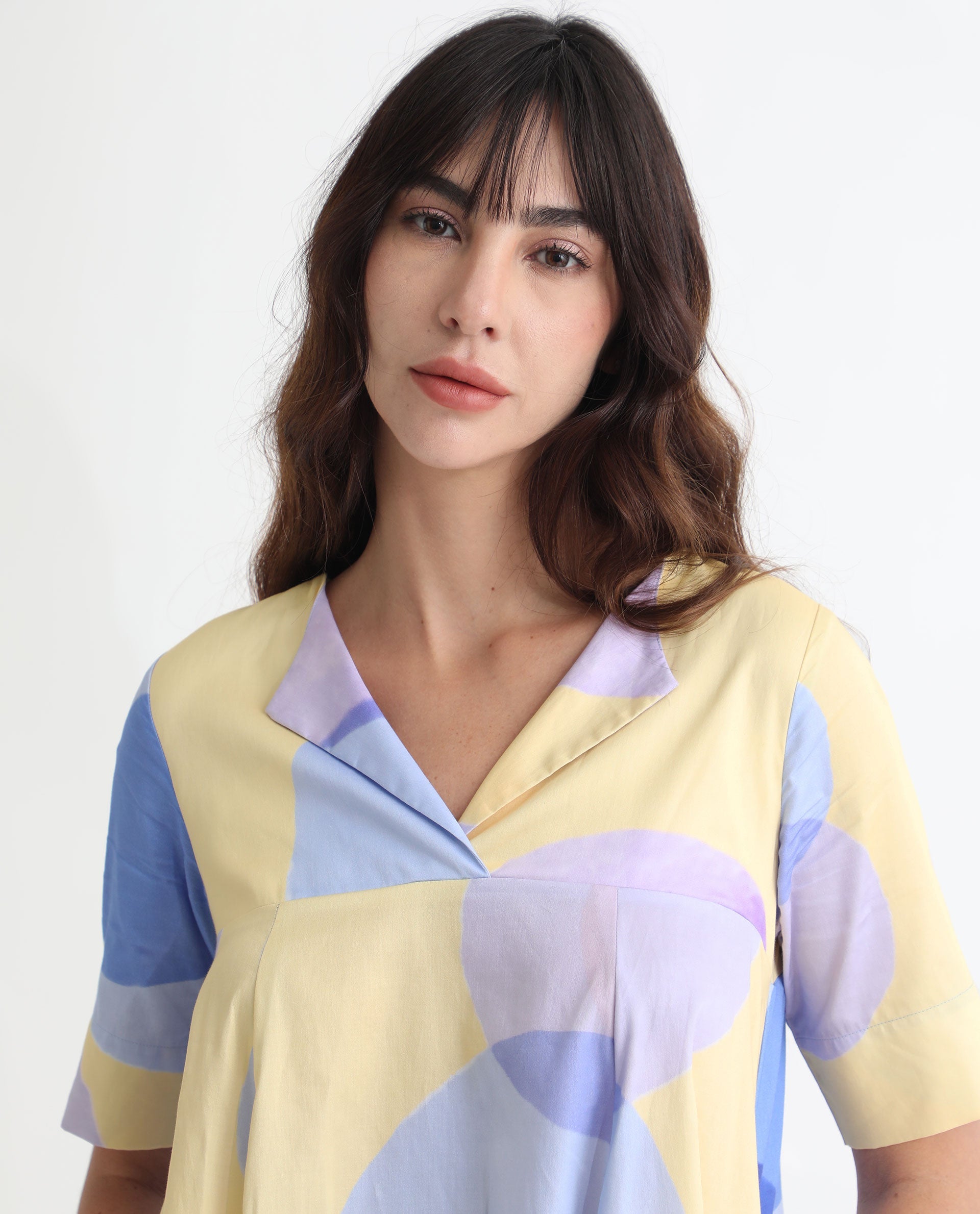 Rareism Women Campbell Yellow Cotton Fabric Short Sleeves Over Lap Flared Fit Abstract Print Knee Length Empire Dress