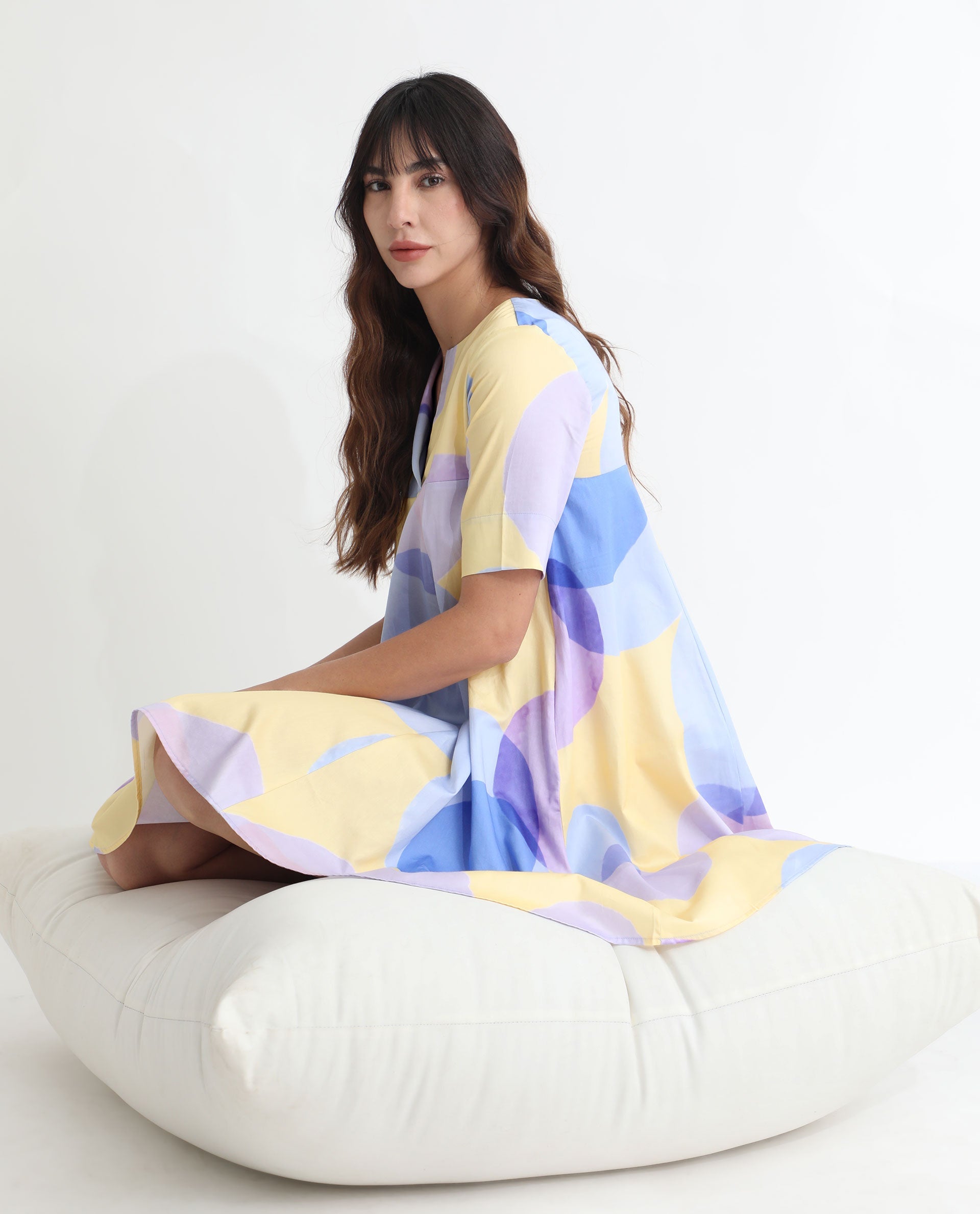 Rareism Women Campbell Yellow Cotton Fabric Short Sleeves Over Lap Flared Fit Abstract Print Knee Length Empire Dress