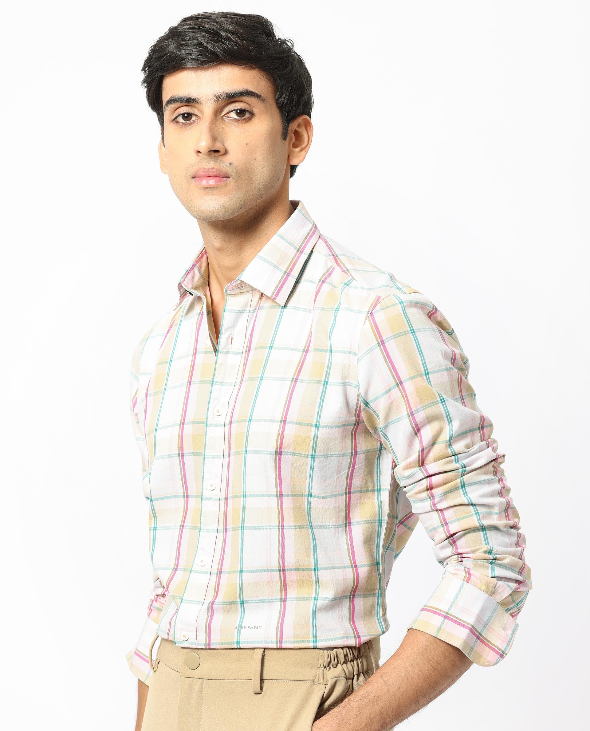 Rare Rabbit Men's Campo Pink Cotton Fabric Full Sleeves Checks Shirt