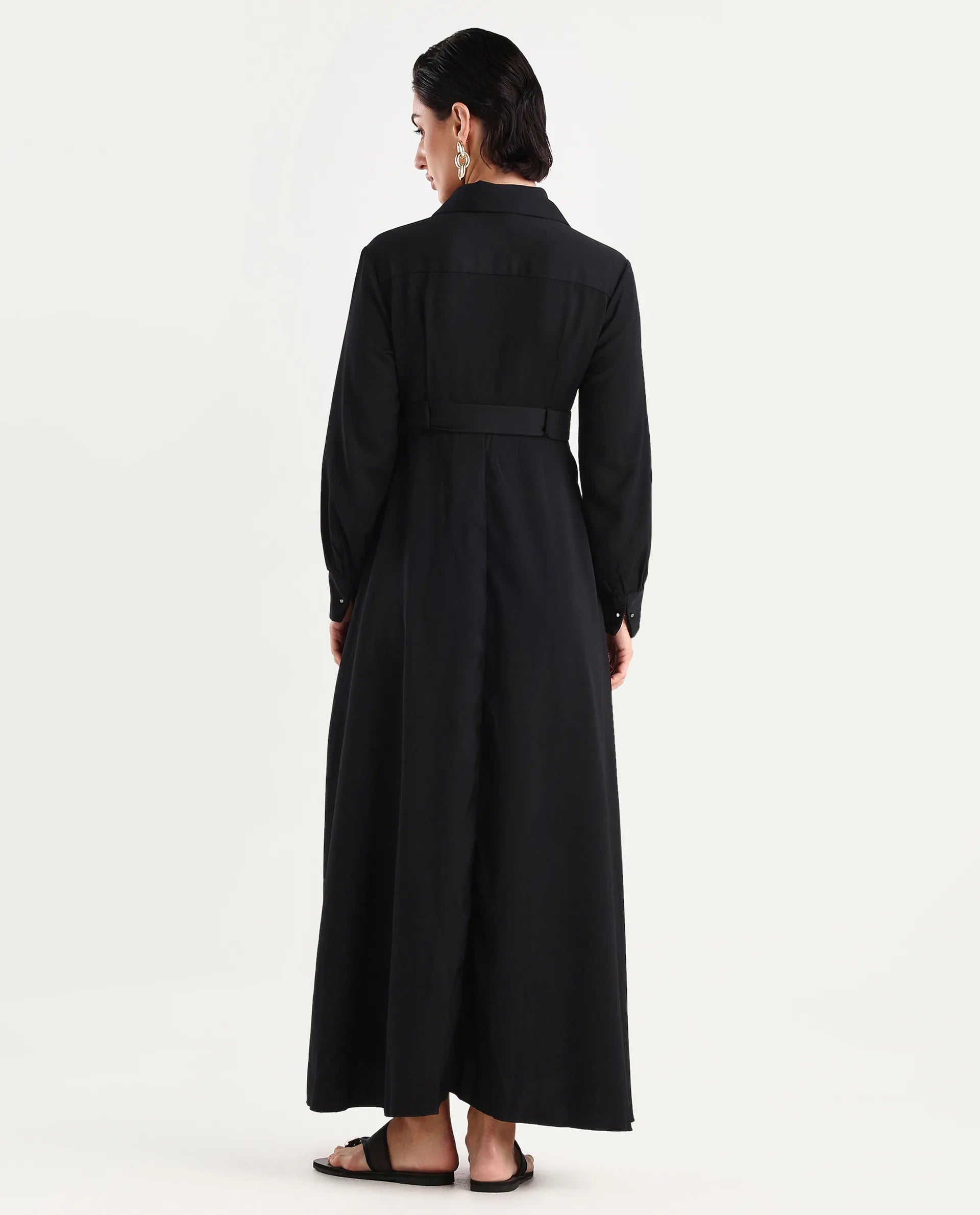 Rareism Women's Canadzor Multi Satin Drop Collar Geometric Print Bishop Sleeve Maxi Flared Dress