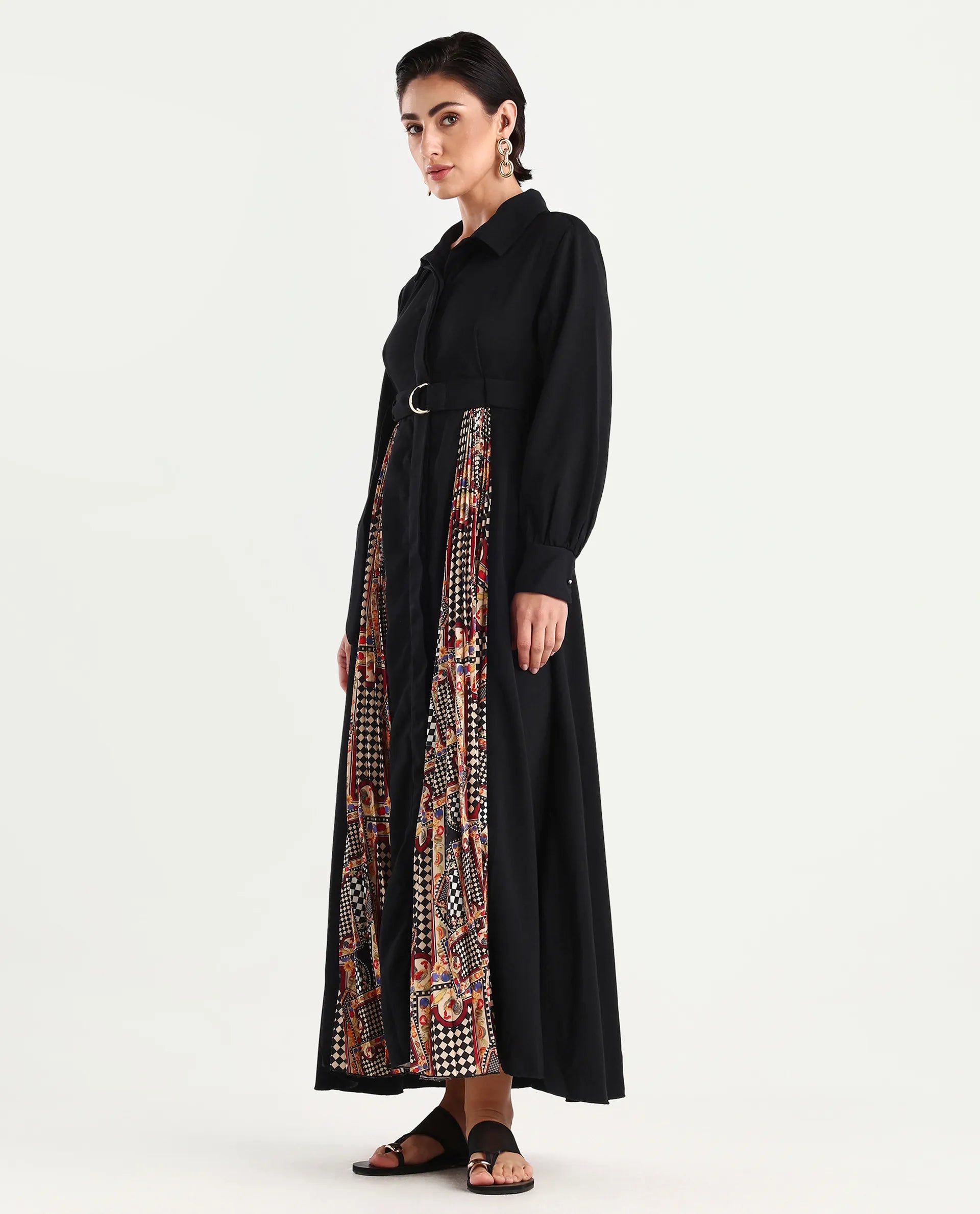 Rareism Women's Canadzor Multi Satin Drop Collar Geometric Print Bishop Sleeve Maxi Flared Dress