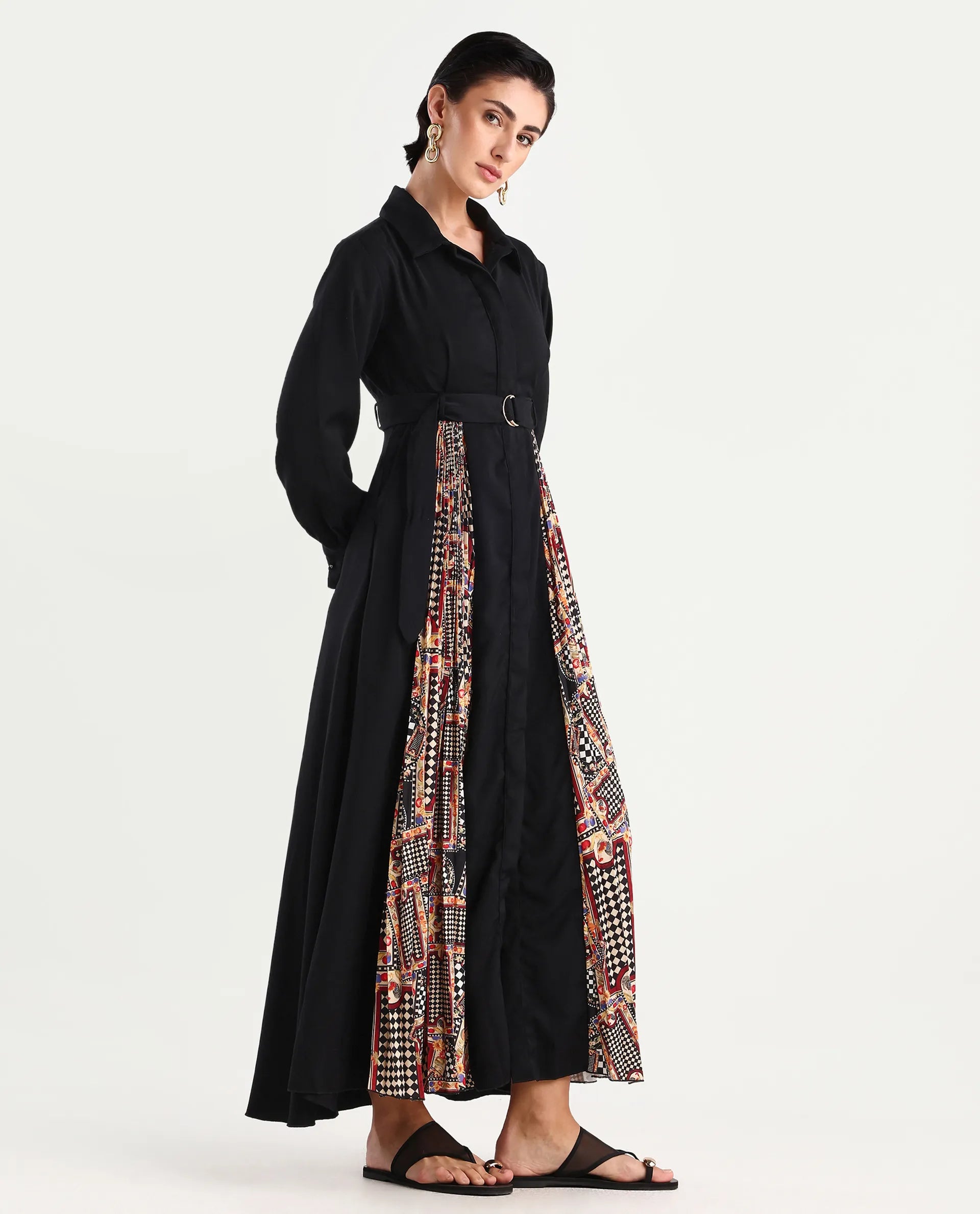 Rareism Women's Canadzor Multi Satin Drop Collar Geometric Print Bishop Sleeve Maxi Flared Dress