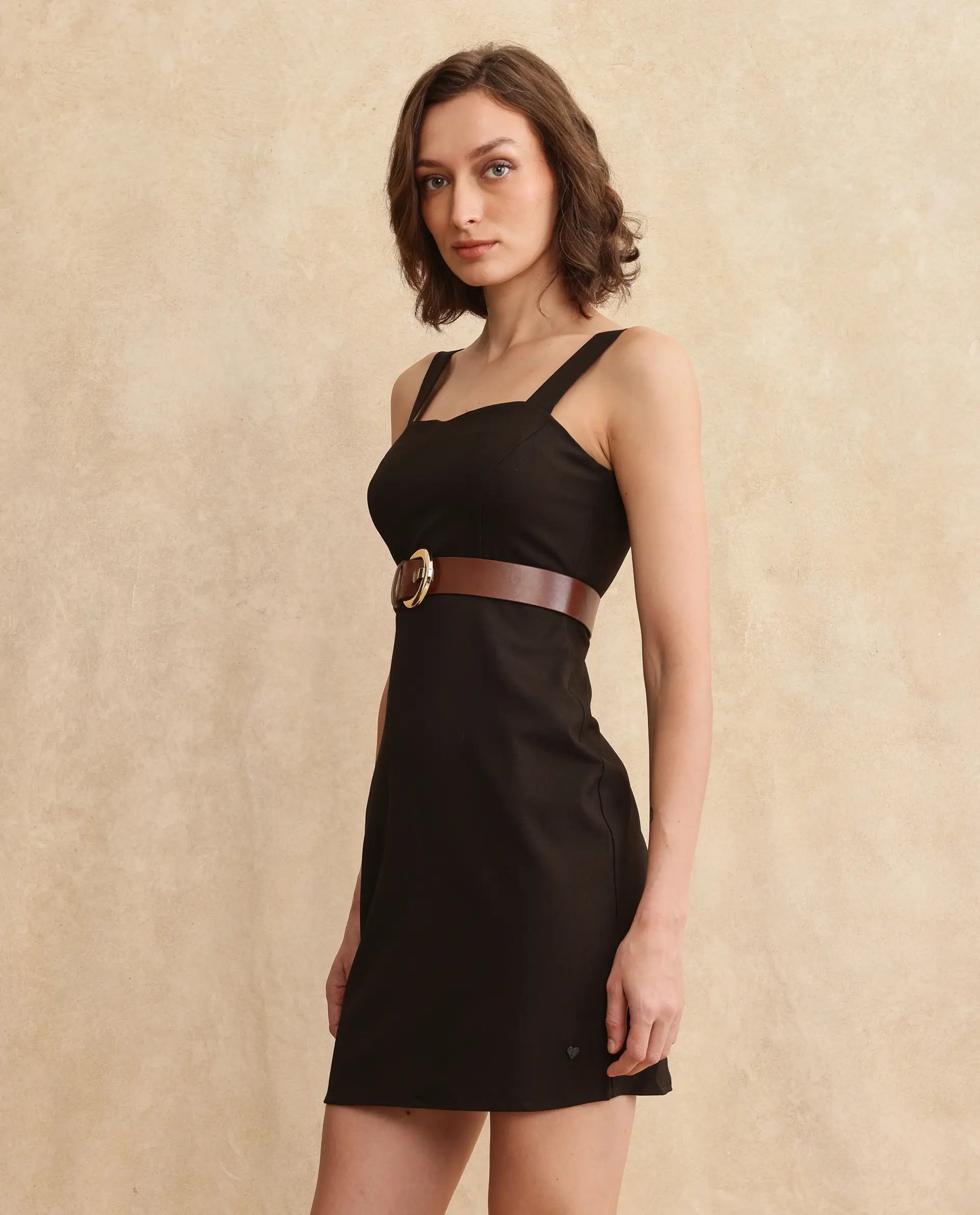 Rareism Women's Canakkale Brown Polyester Blend Fabric Sweetheart Neck   Plain Straight Fit Mini Dress