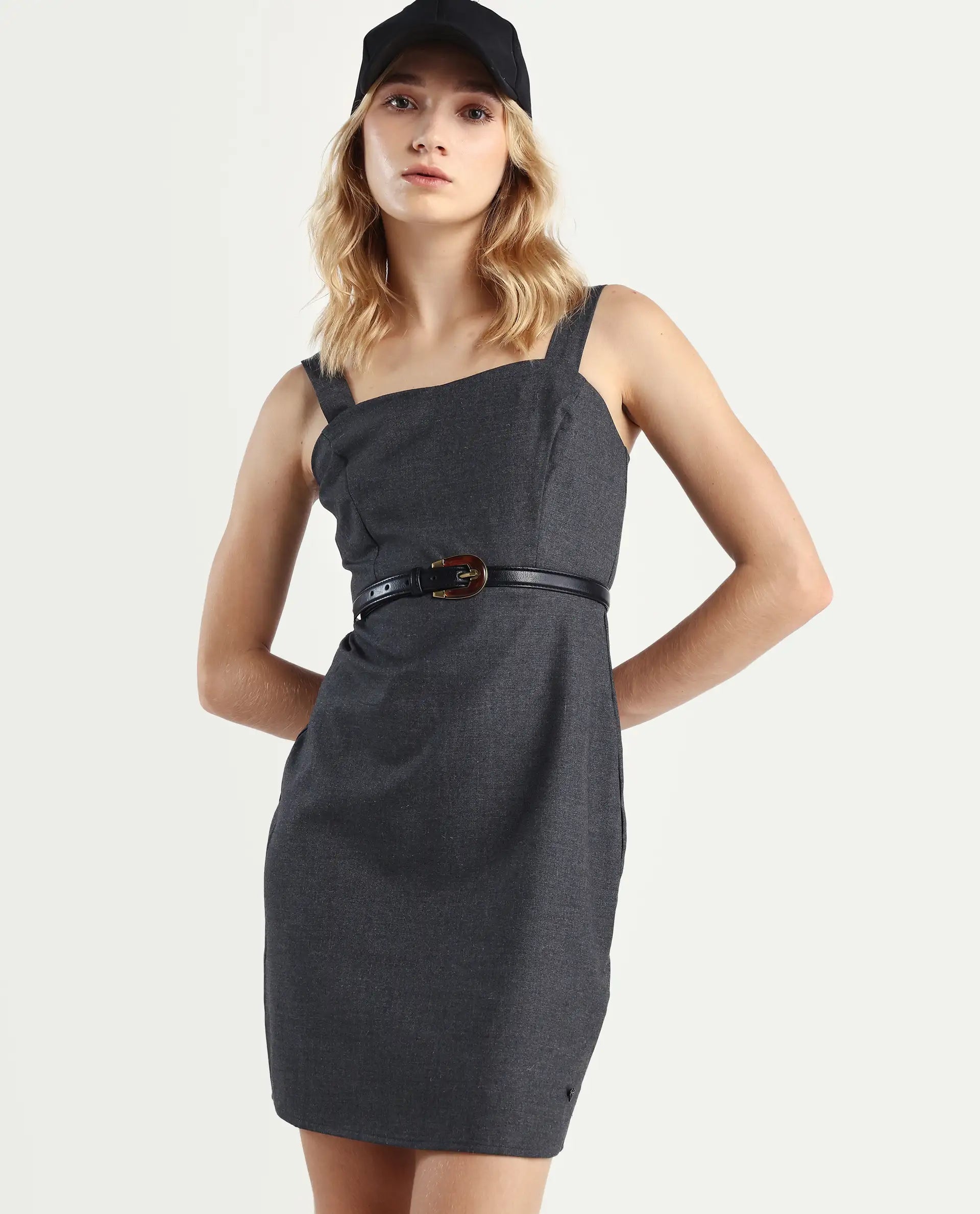 Rareism Women's Canakkale Grey Cotton Blend Sweetheart Neck Plain Sleeveless Mini Straight Fit Dress