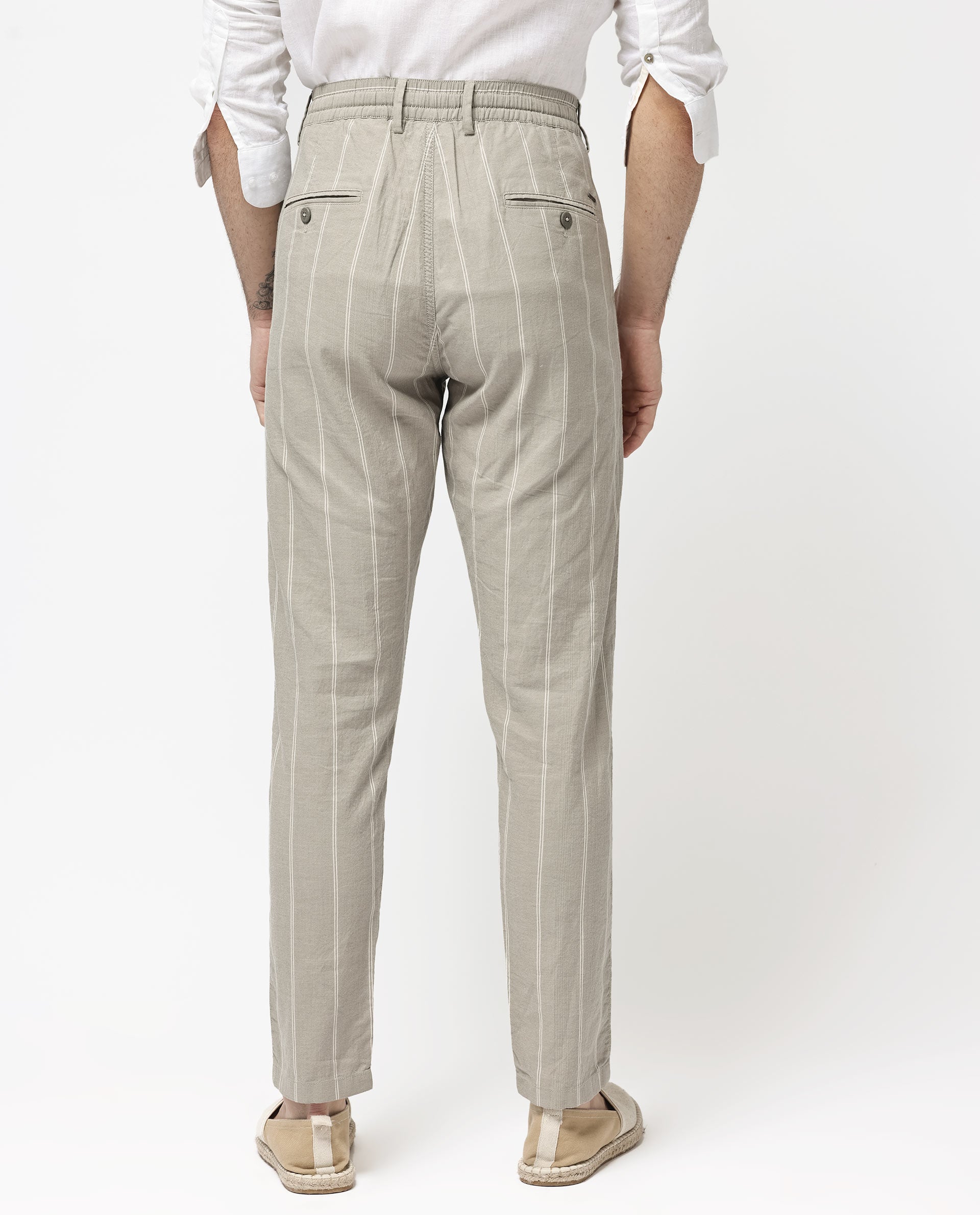 Rare Rabbit Mens Canal Grey Cotton Stripe Drawstring Trouser