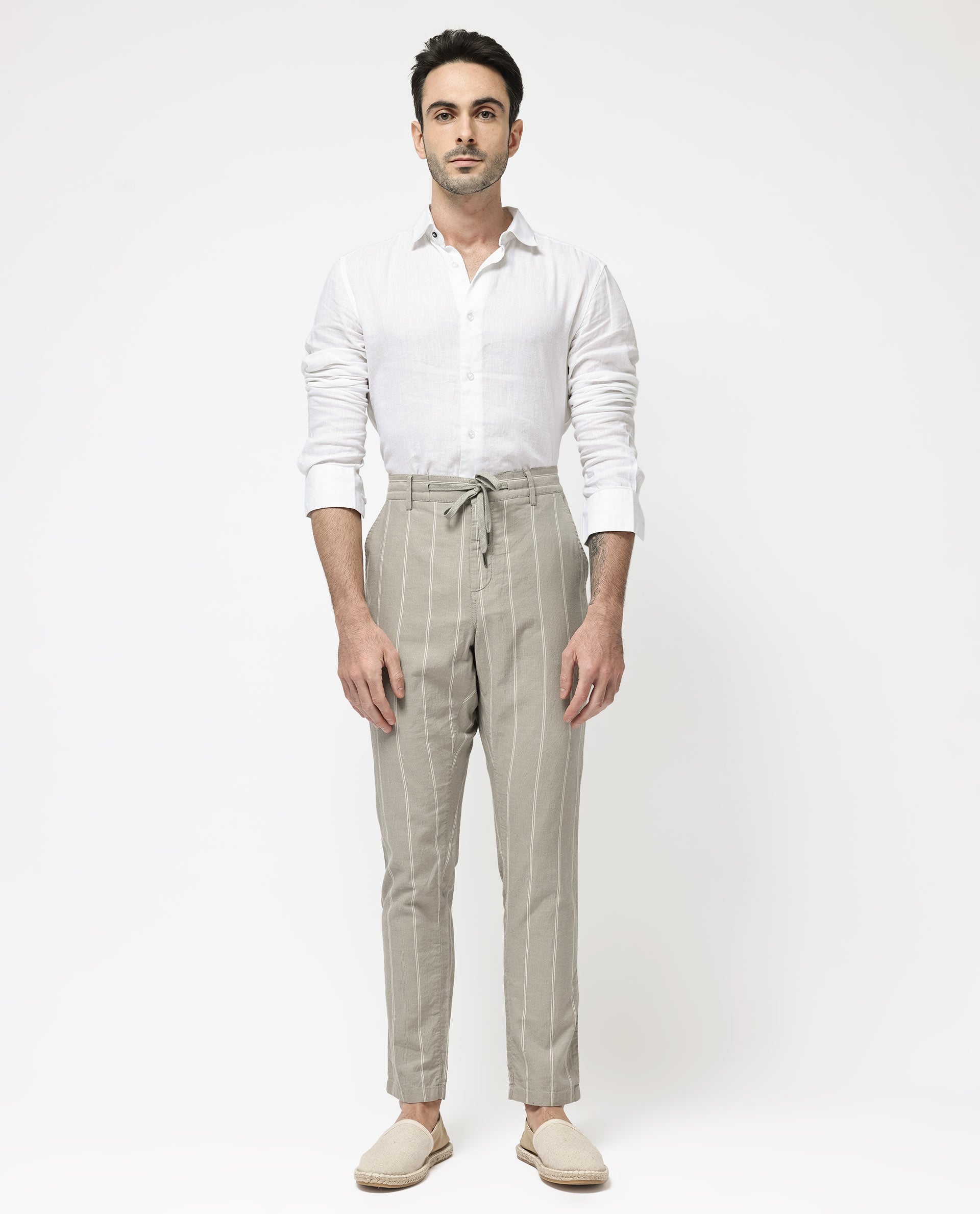 Rare Rabbit Mens Canal Grey Cotton Stripe Drawstring Trouser