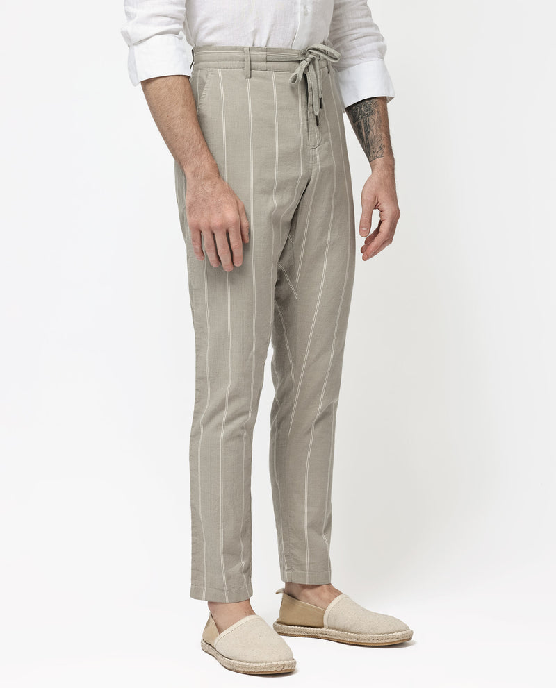 Rare Rabbit Mens Canal Grey Cotton Stripe Drawstring Trouser