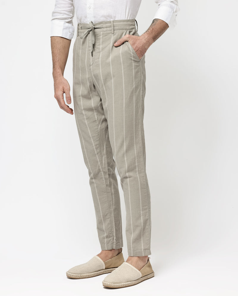 Rare Rabbit Mens Canal Grey Cotton Stripe Drawstring Trouser