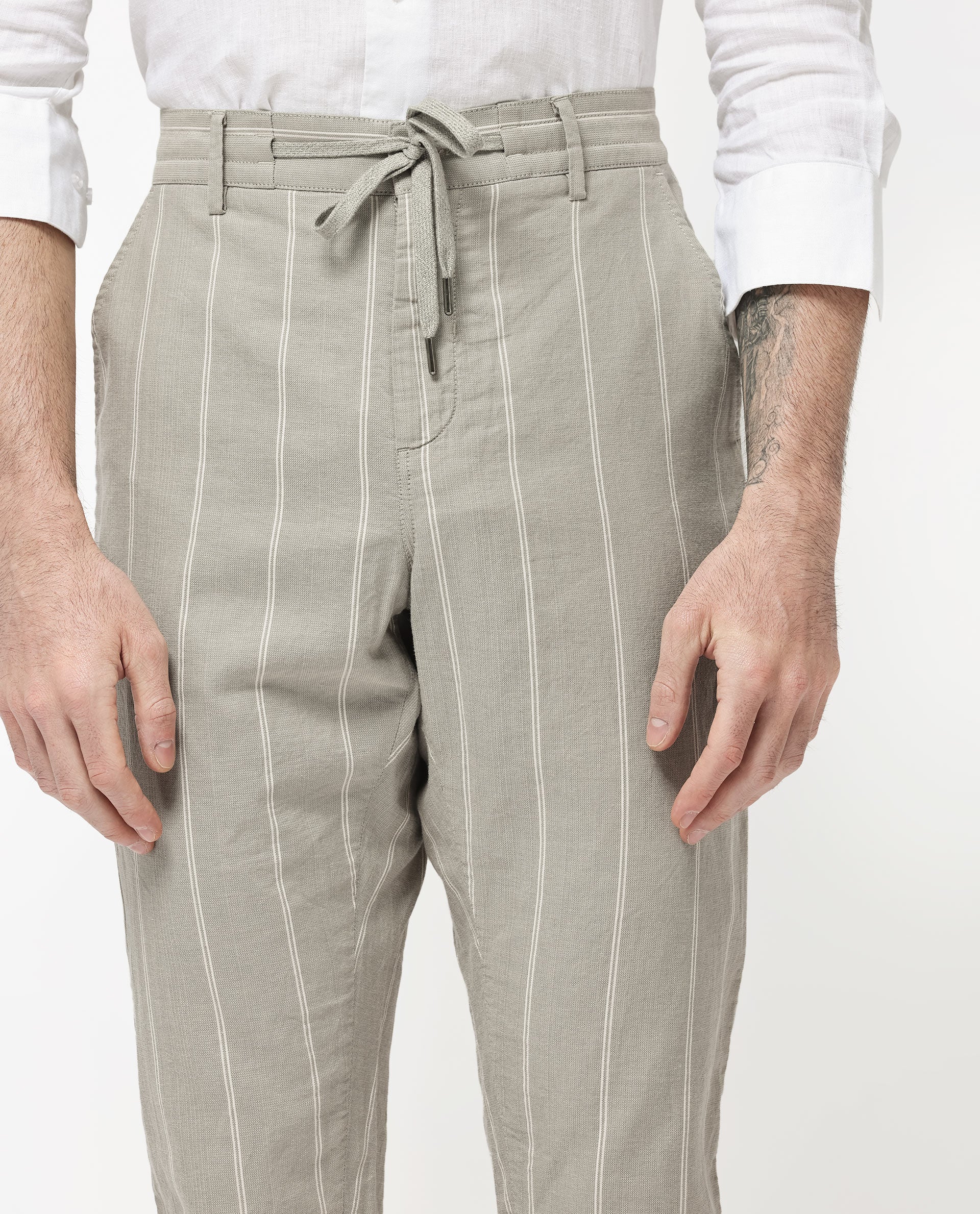 Rare Rabbit Mens Canal Grey Cotton Stripe Drawstring Trouser