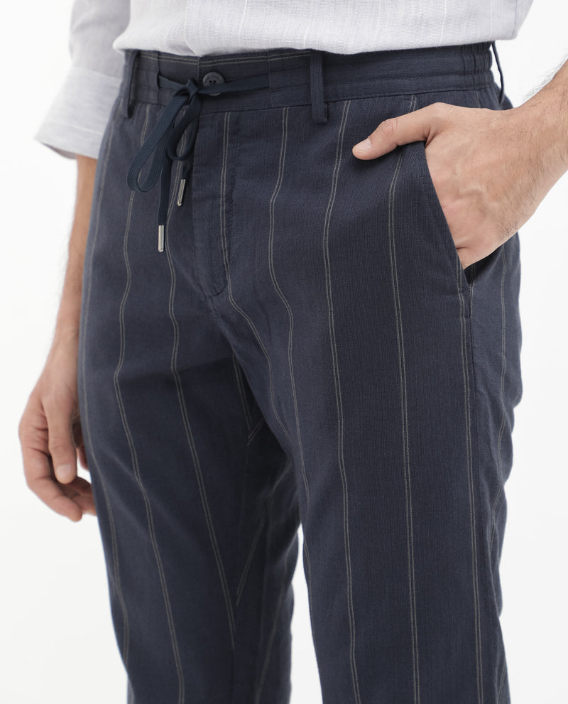 Rare Rabbit Mens Canal Navy Cotton Stripe Drawstring Trouser