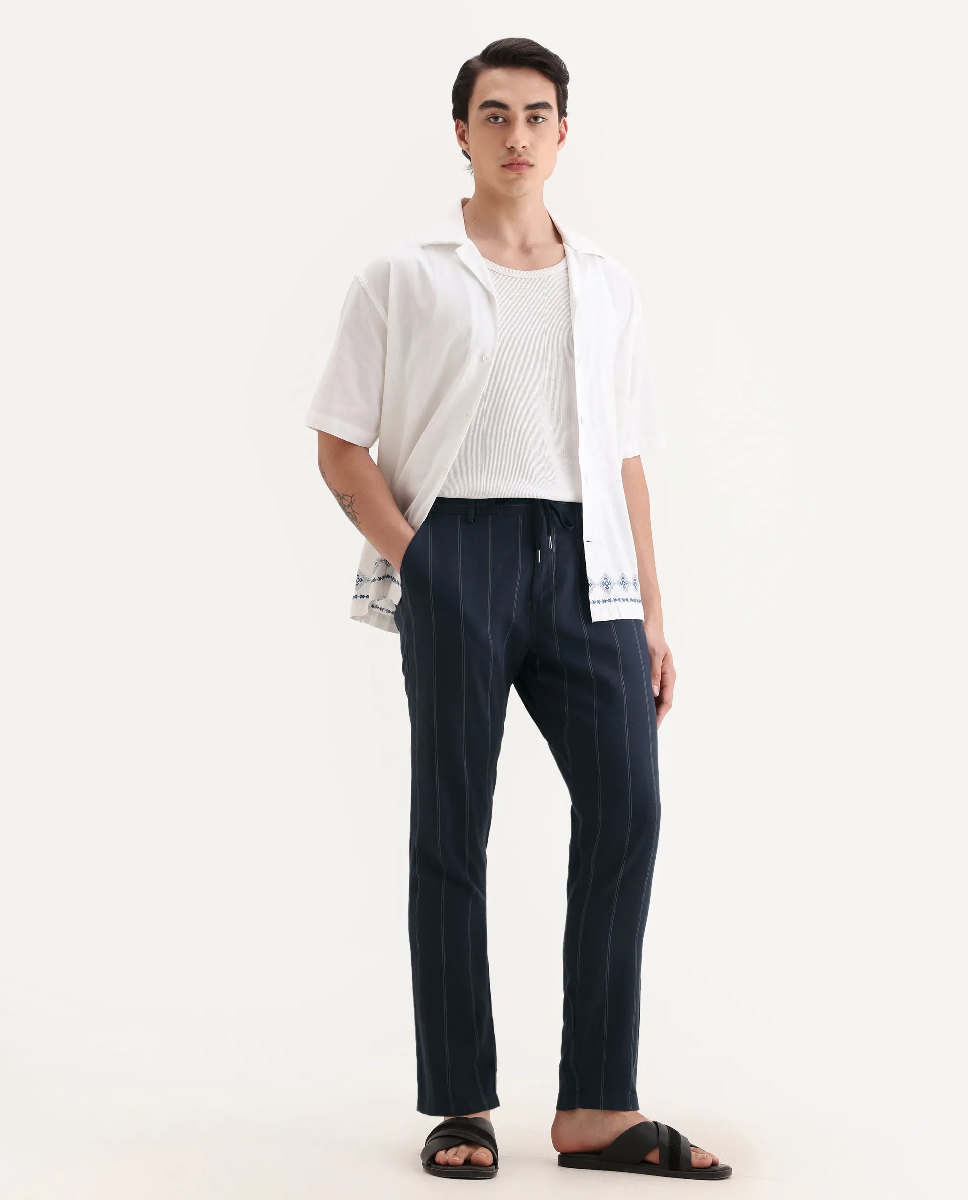 Rare Rabbit Men's Canal Navy Cotton Striped Print Regular Fit Trouser