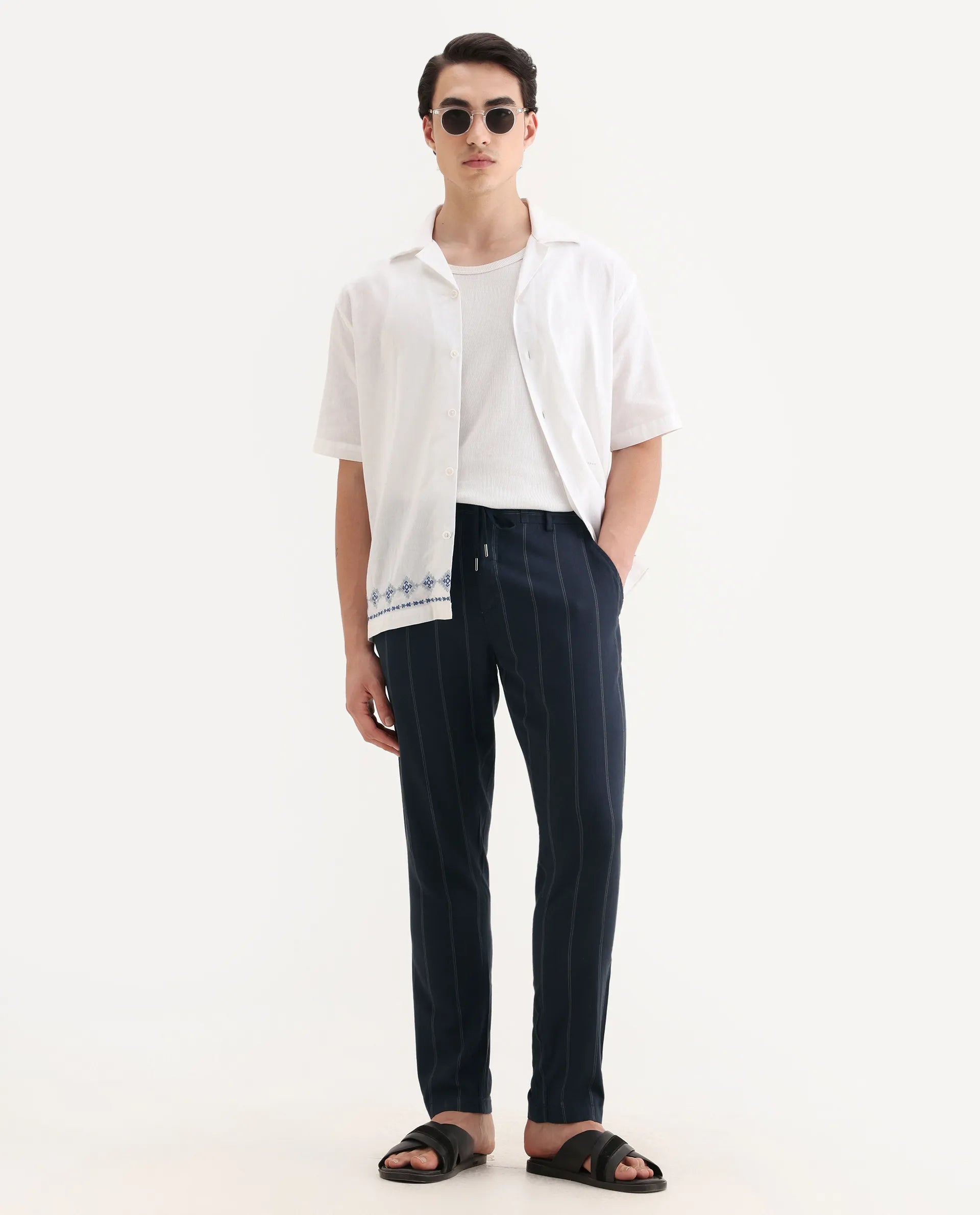 Rare Rabbit Men's Canal Navy Cotton Striped Print Regular Fit Trouser