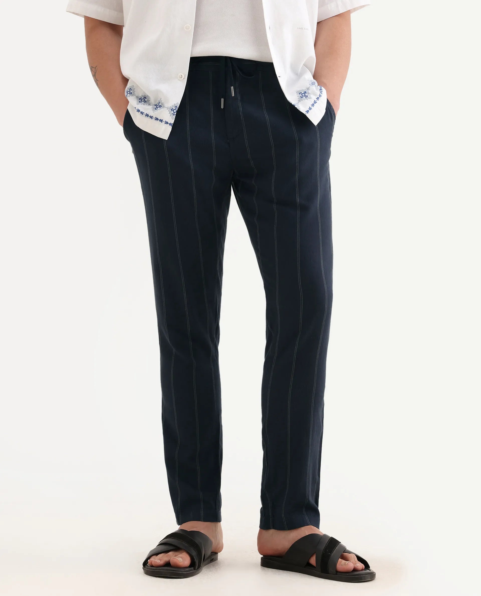 Rare Rabbit Men's Canal Navy Cotton Striped Print Regular Fit Trouser