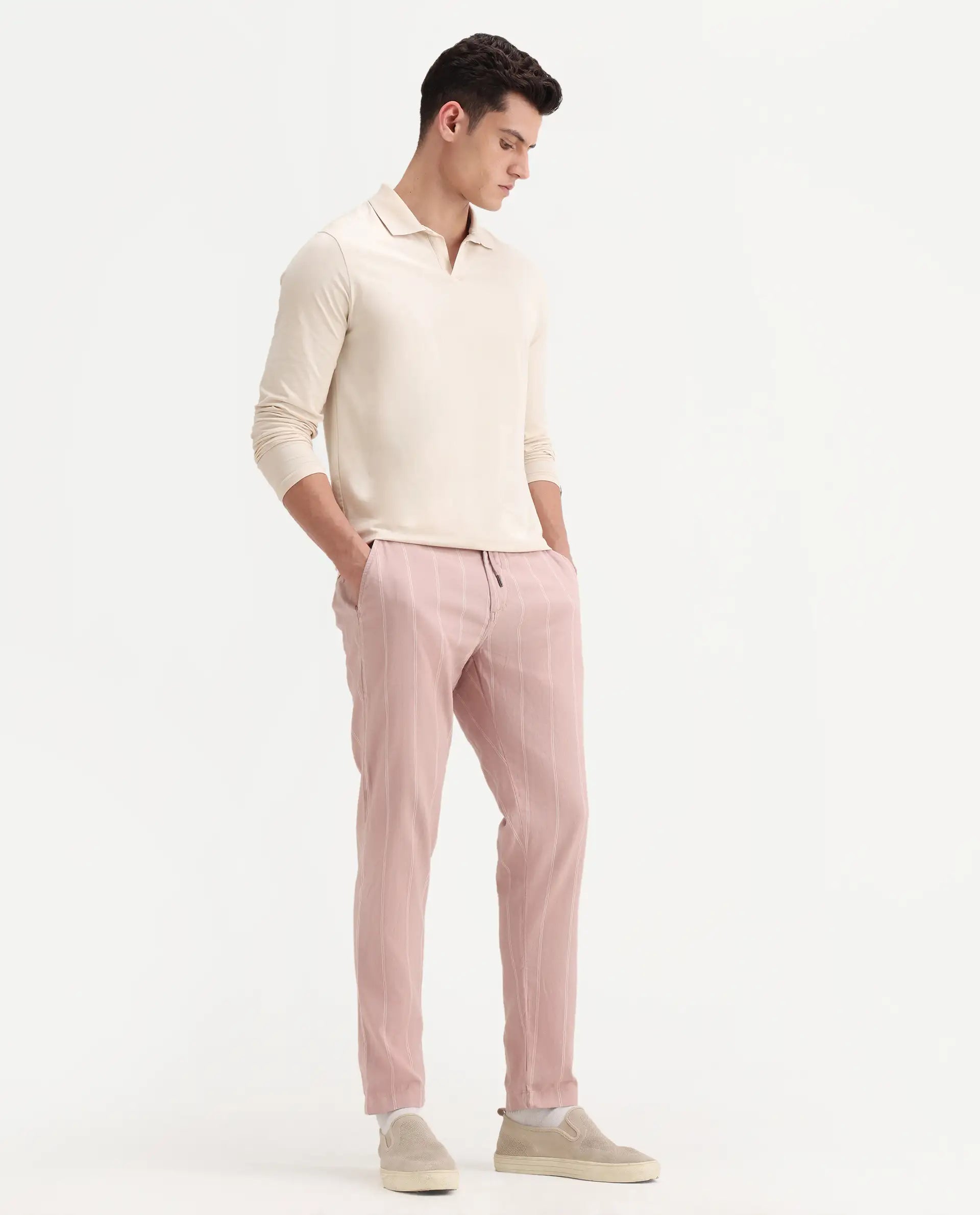 Rare Rabbit Men's Canal Grey Cotton Striped Print Regular Fit Trouser