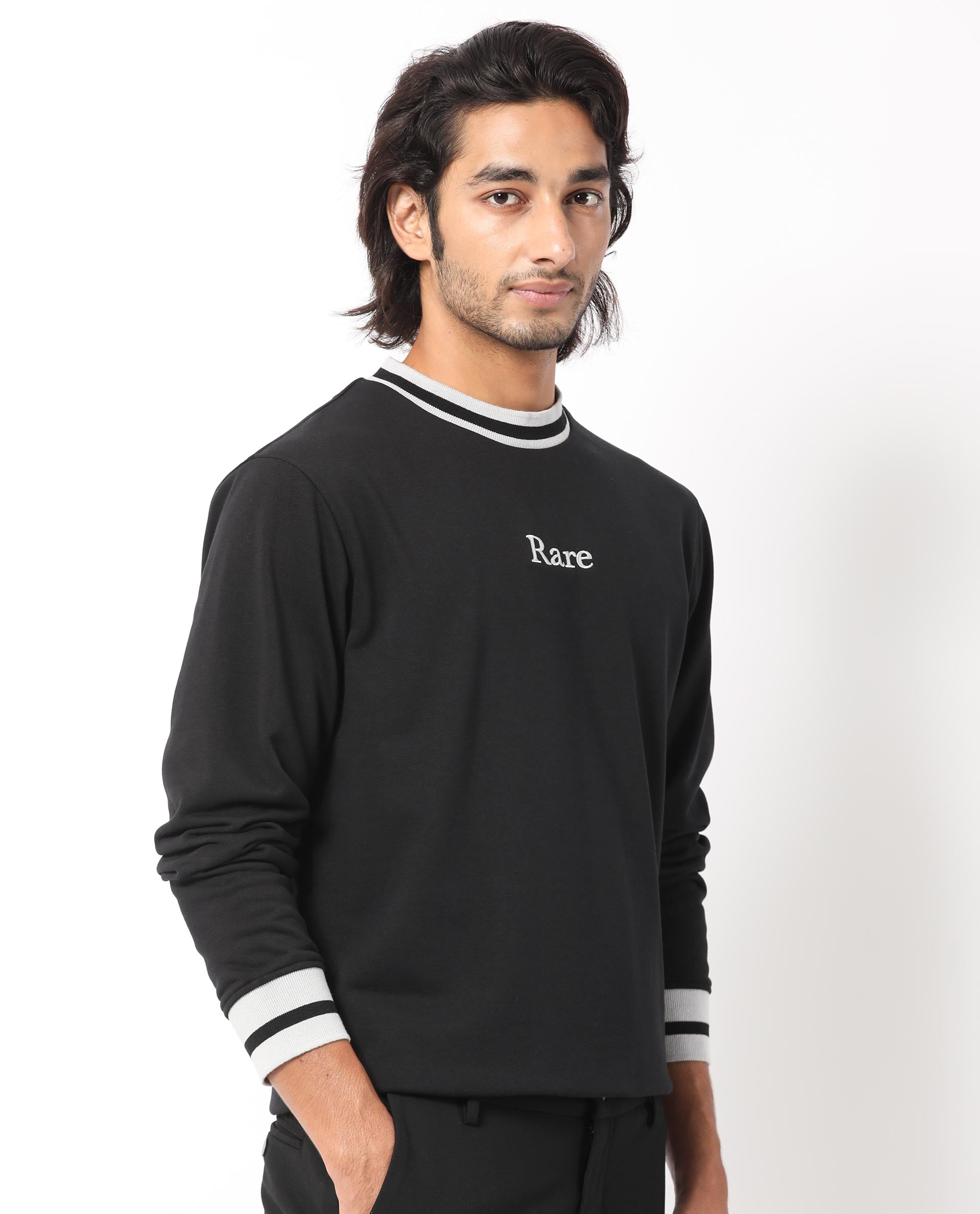 Rare Rabbit Men's Cancet Black Cotton Polyester Fabric Full Sleeves Contrast Stripe Detail Sweatshirt