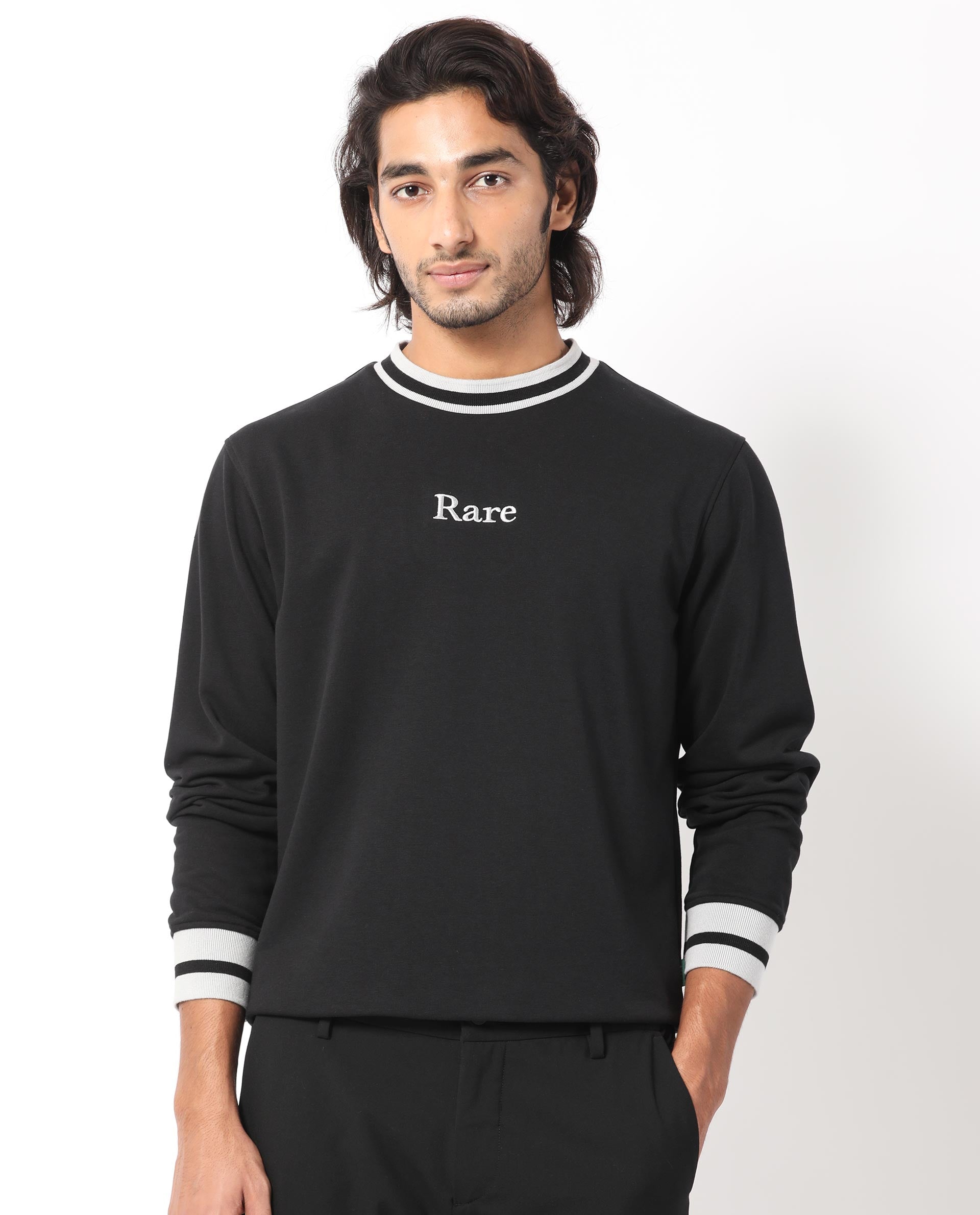 Rare Rabbit Men's Cancet Black Cotton Polyester Fabric Full Sleeves Contrast Stripe Detail Sweatshirt