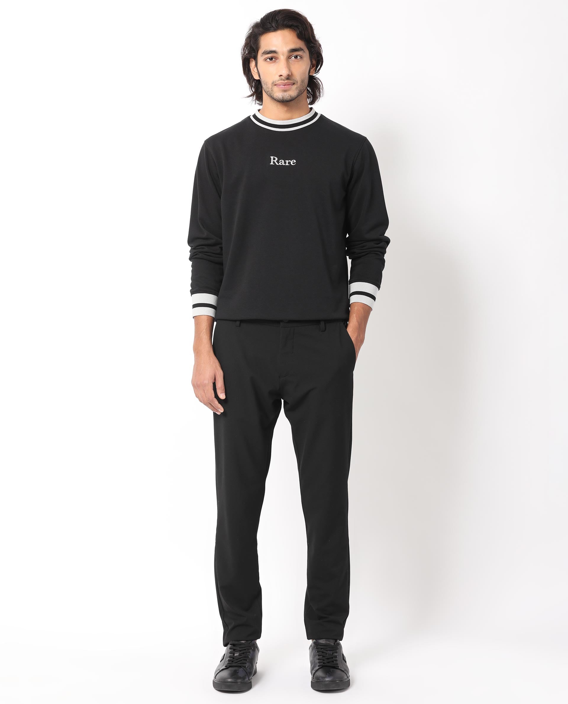 Rare Rabbit Men's Cancet Black Cotton Polyester Fabric Full Sleeves Contrast Stripe Detail Sweatshirt