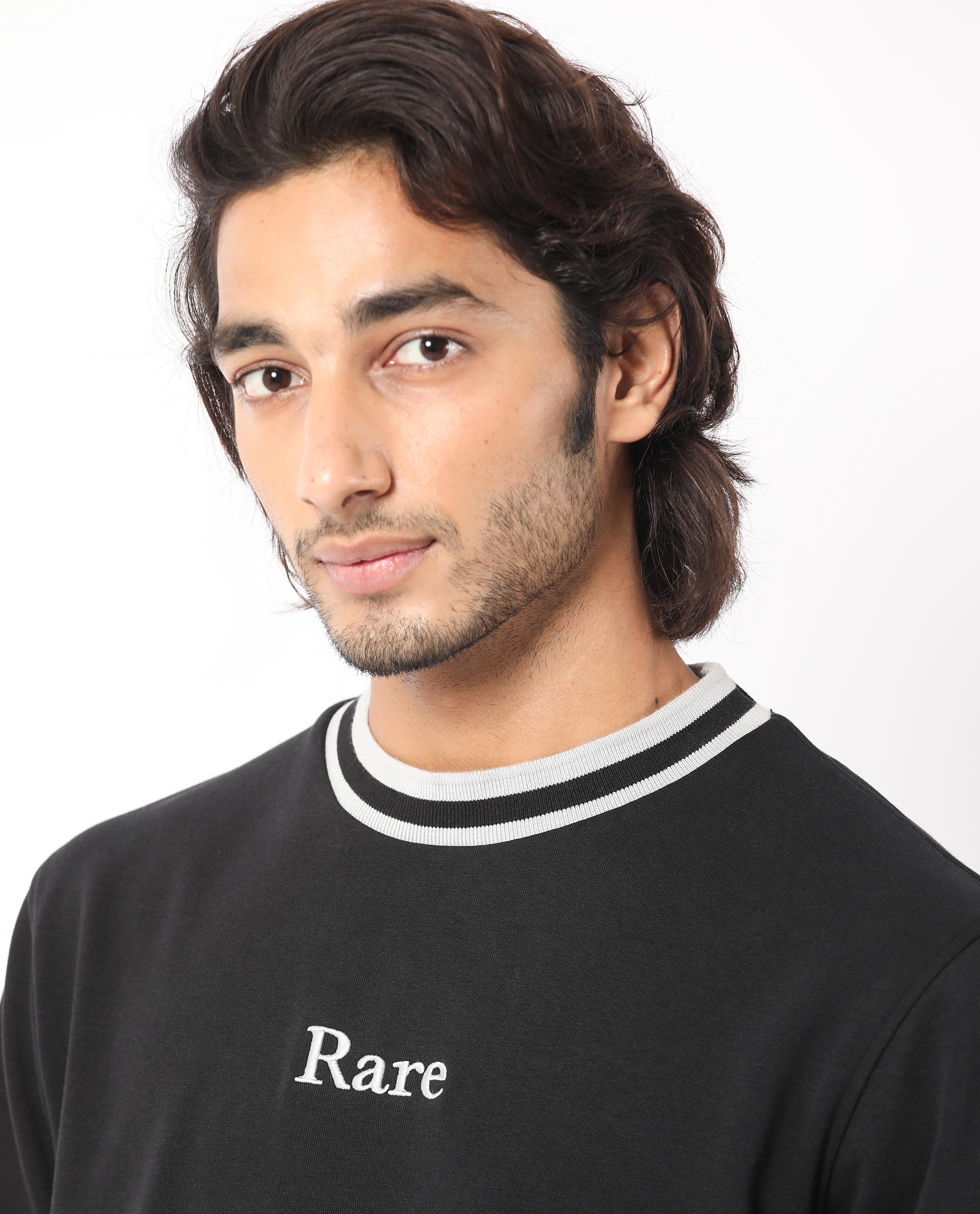 Rare Rabbit Men's Cancet Black Cotton Polyester Fabric Full Sleeves Contrast Stripe Detail Sweatshirt