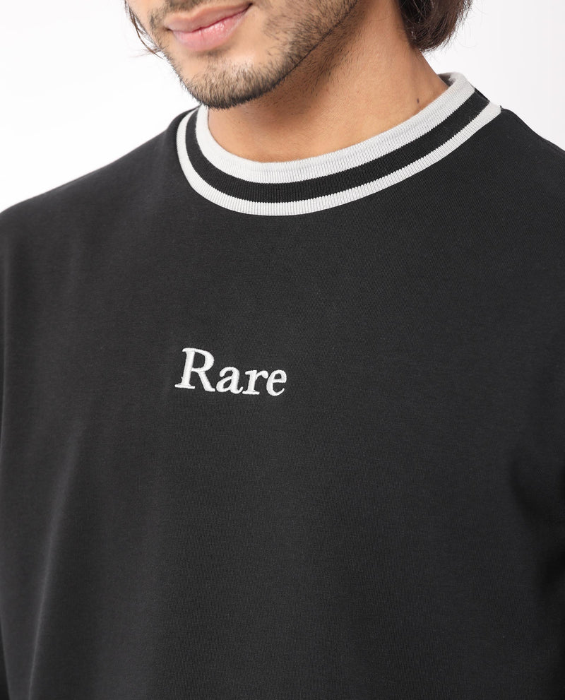 Rare Rabbit Men's Cancet Black Cotton Polyester Fabric Full Sleeves Contrast Stripe Detail Sweatshirt